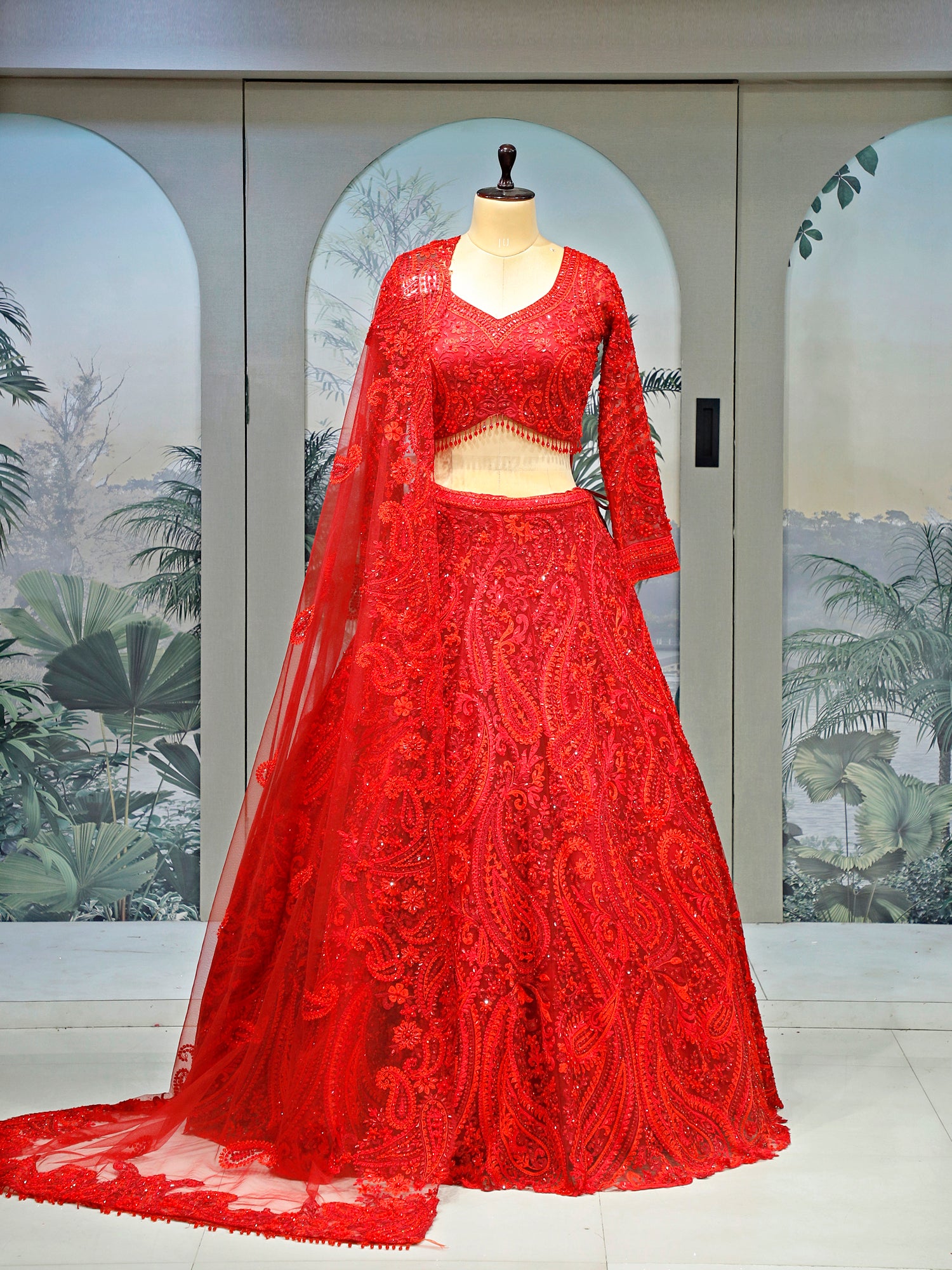 Blood Red Majesty Bollywood Lehenga With Jarkan & Pearl Sequence
