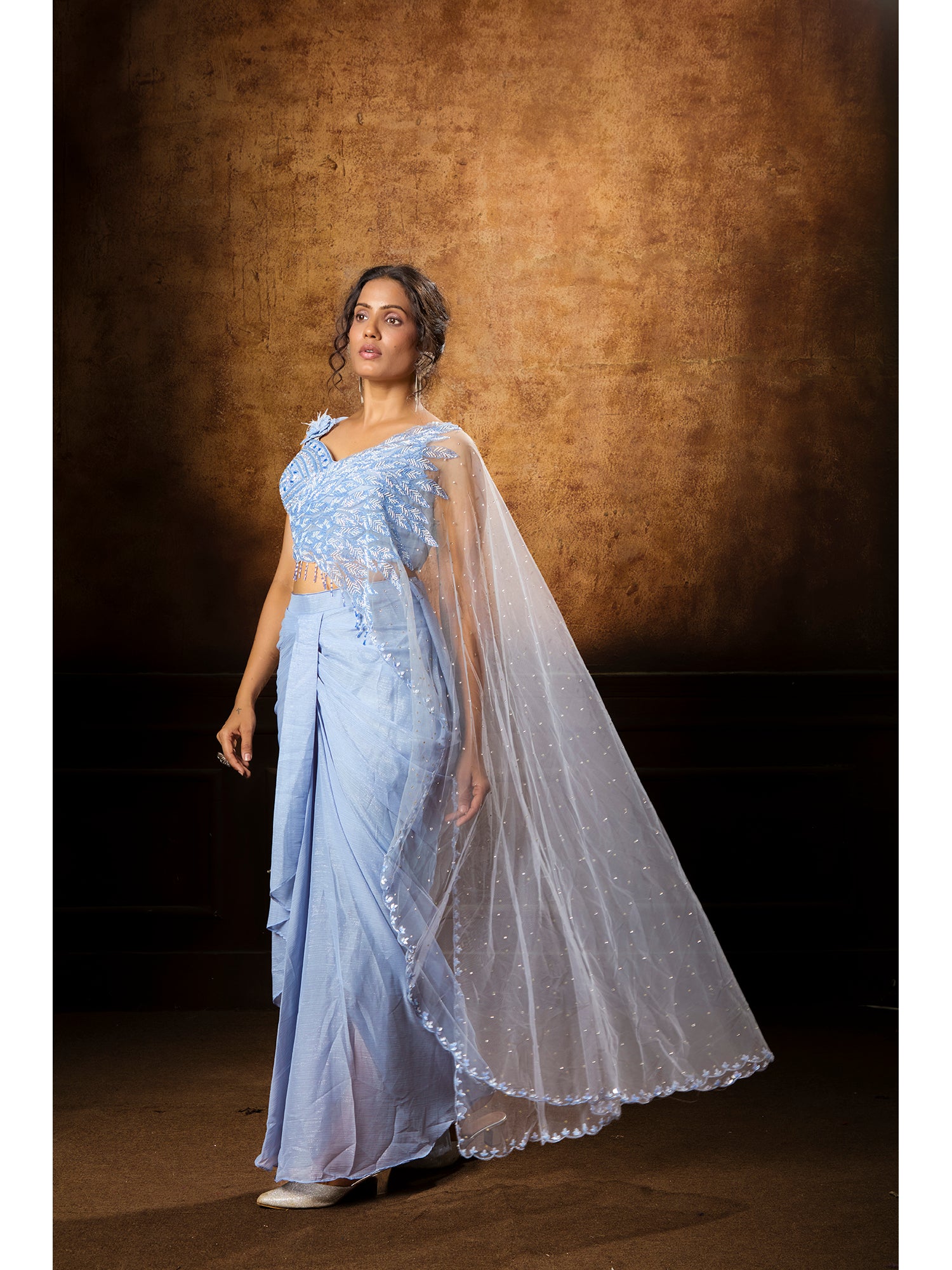 Blue Handcrafted Drape Saree In Exclusively Imported Fabric