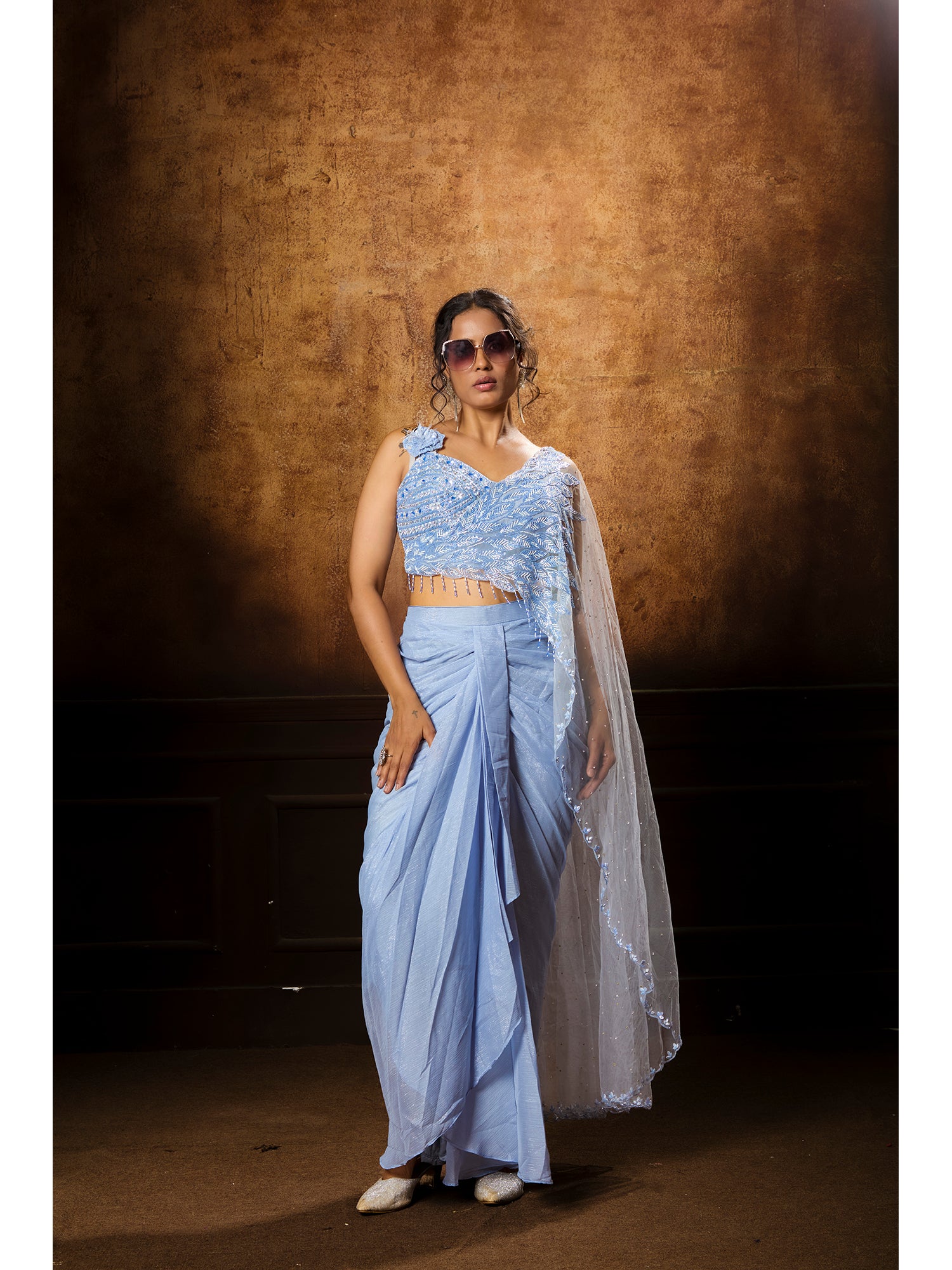Blue Handcrafted Drape Saree In Exclusively Imported Fabric