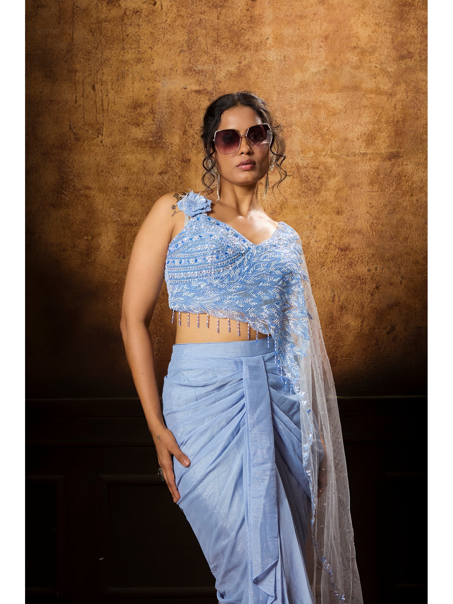 Blue Handcrafted Drape Saree In Exclusively Imported Fabric