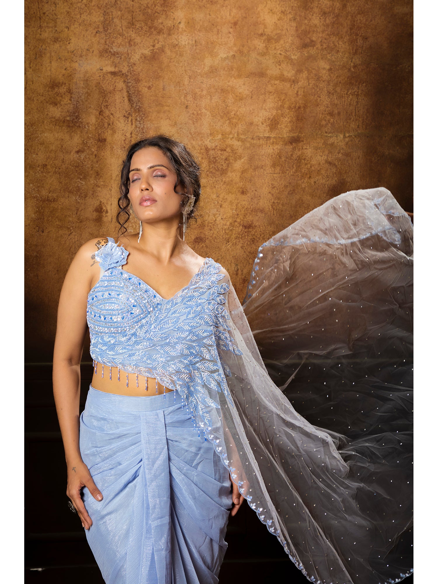 Blue Handcrafted Drape Saree In Exclusively Imported Fabric