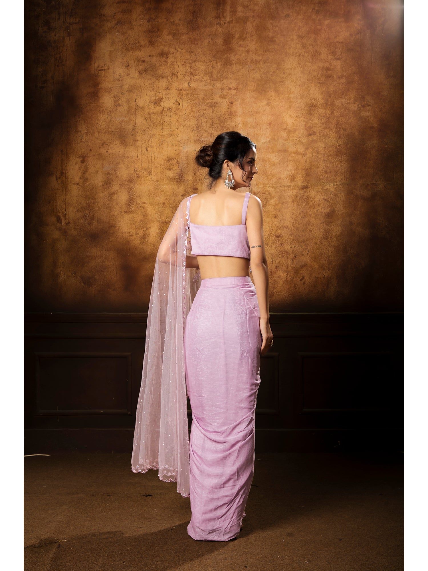 Pink Handcrafted Drape Saree Made From Purely Imported Fabric