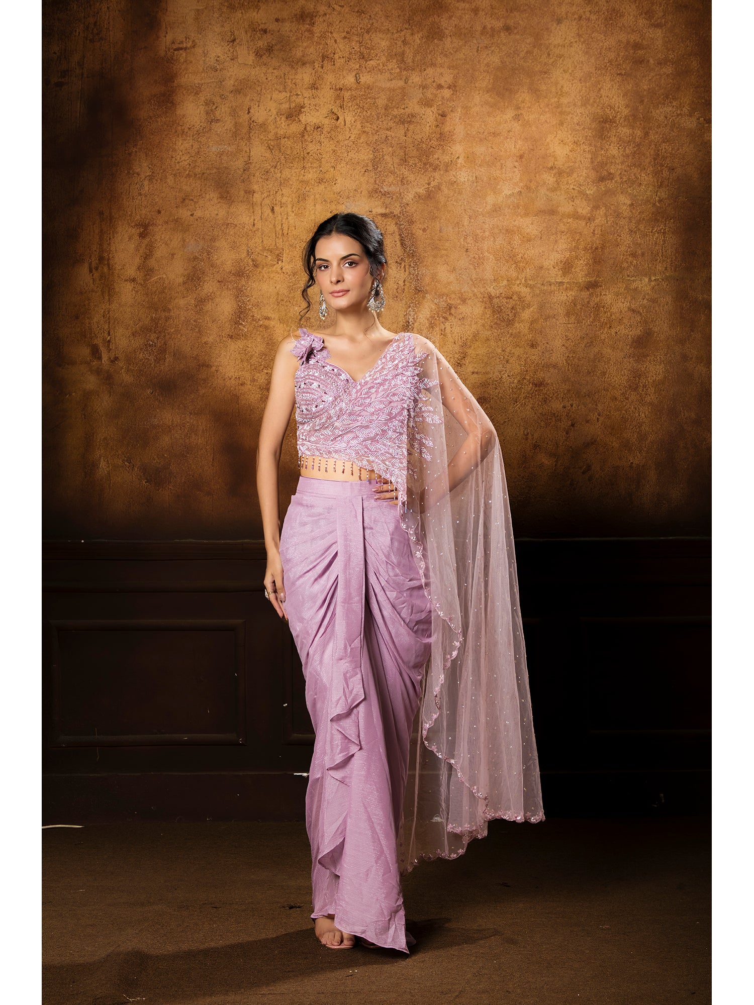 Pink Handcrafted Drape Saree Made From Purely Imported Fabric