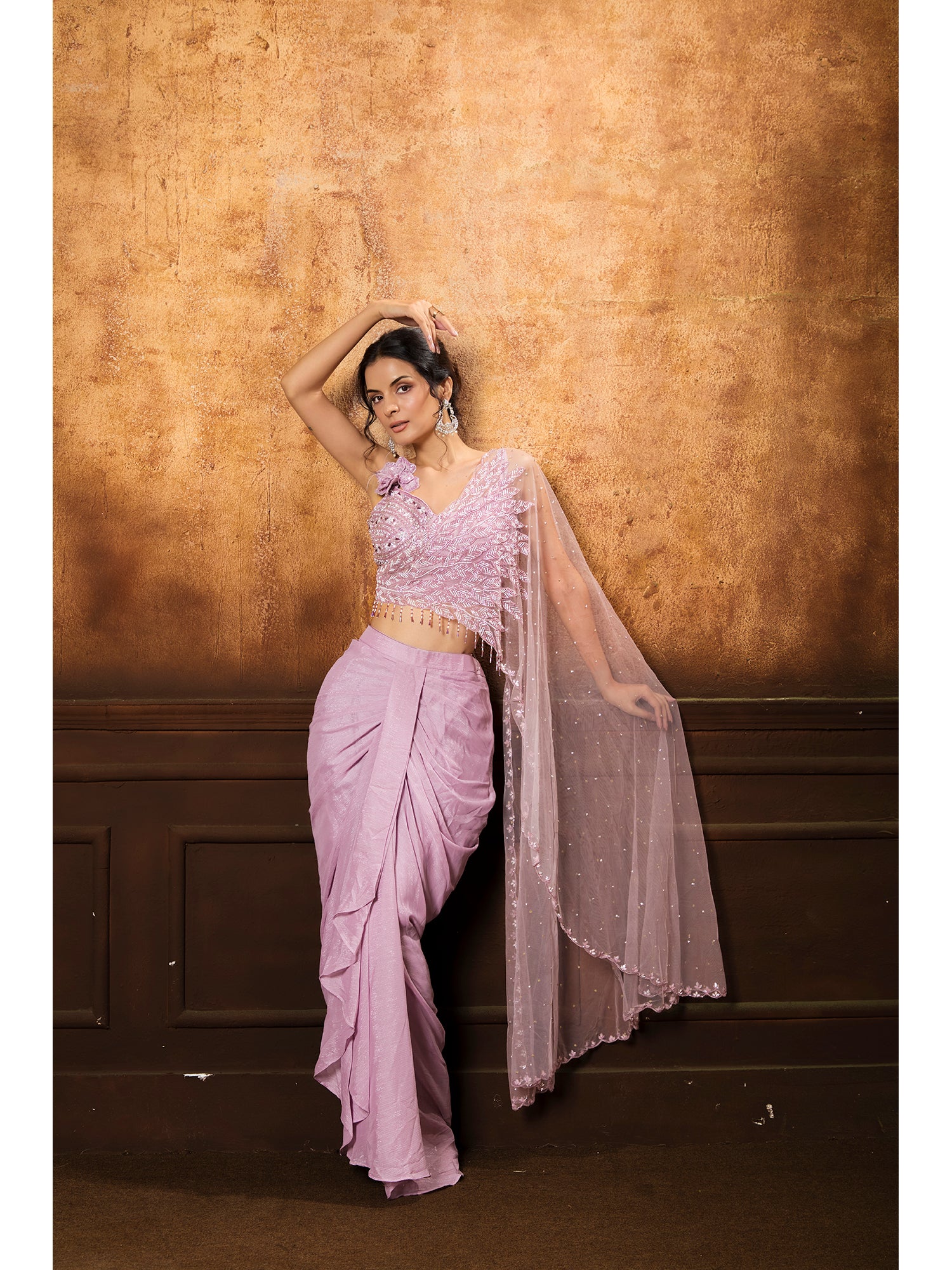 Pink Handcrafted Drape Saree Made From Purely Imported Fabric
