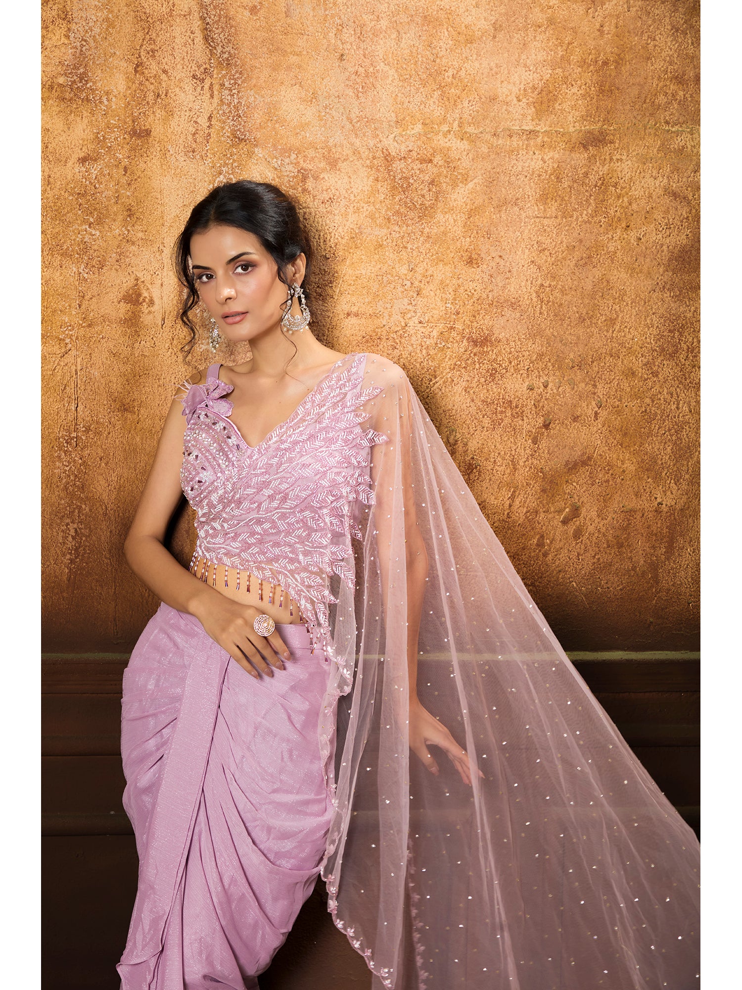 Pink Handcrafted Drape Saree Made From Purely Imported Fabric