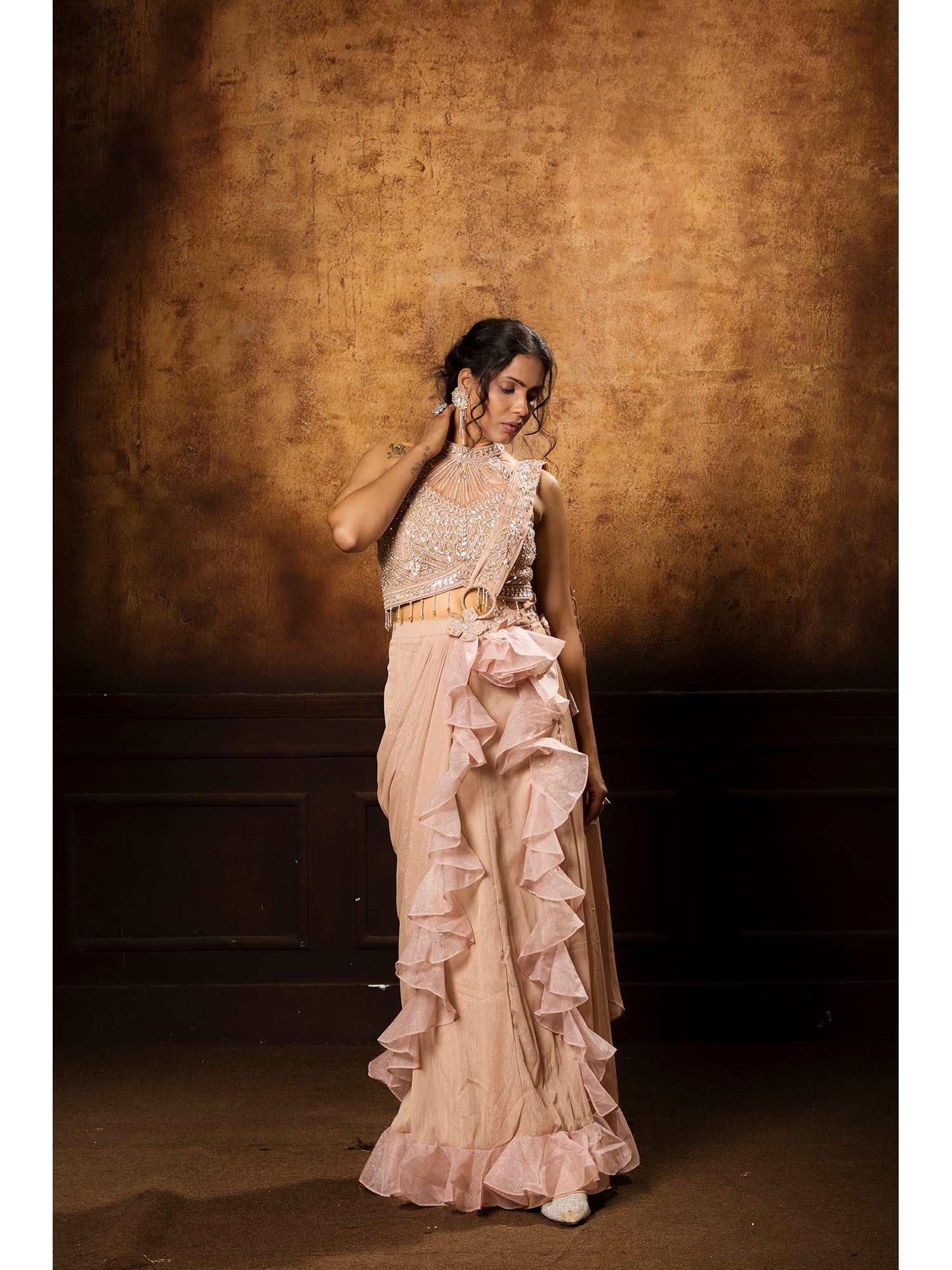 Peach Pink Drape Saree With Handcrafted Details
