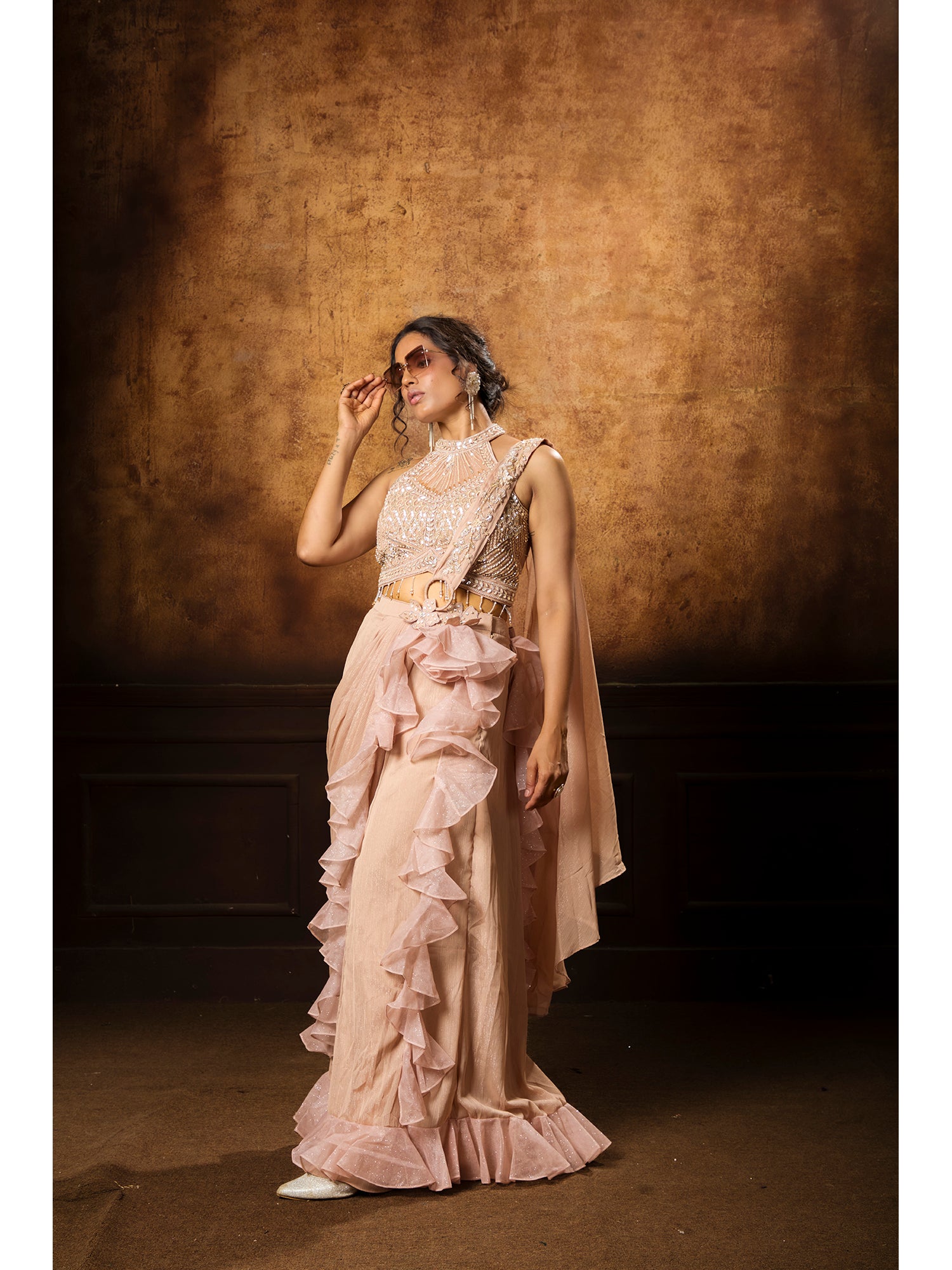 Peach Pink Drape Saree With Handcrafted Details