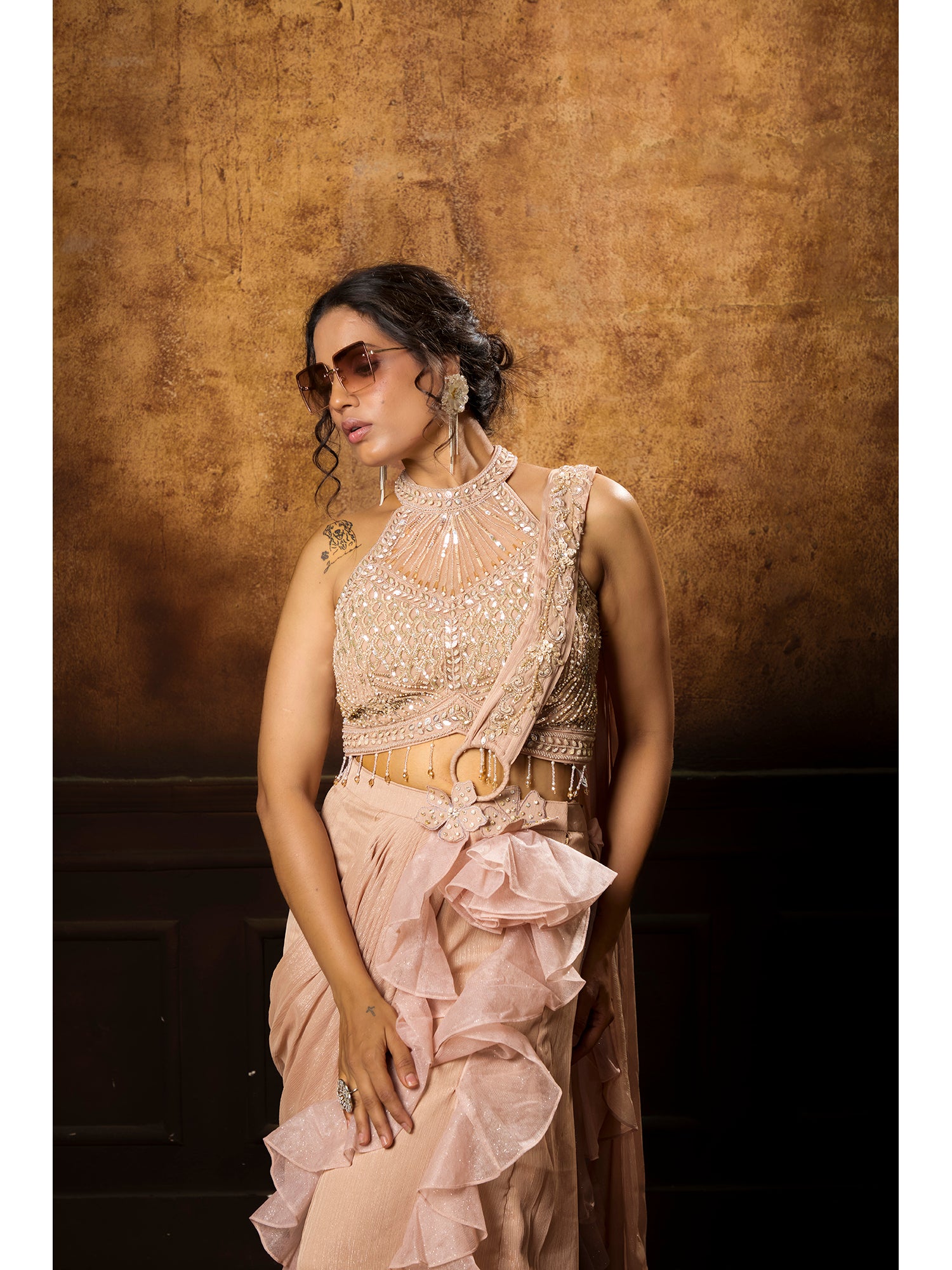 Peach Pink Drape Saree With Handcrafted Details