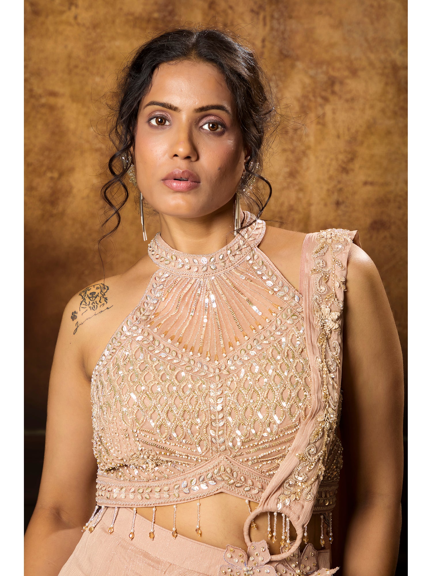 Peach Pink Drape Saree With Handcrafted Details