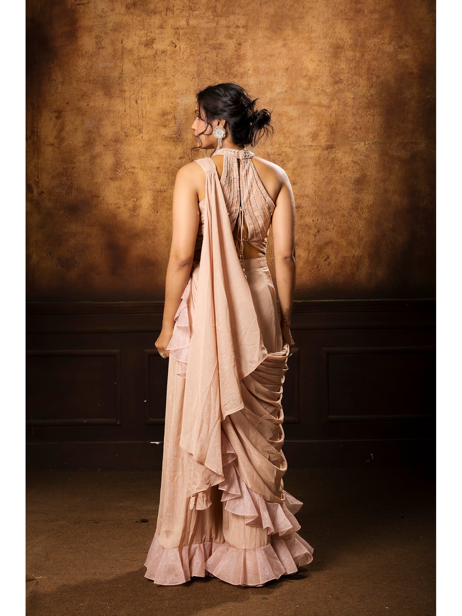 Peach Pink Drape Saree With Handcrafted Details