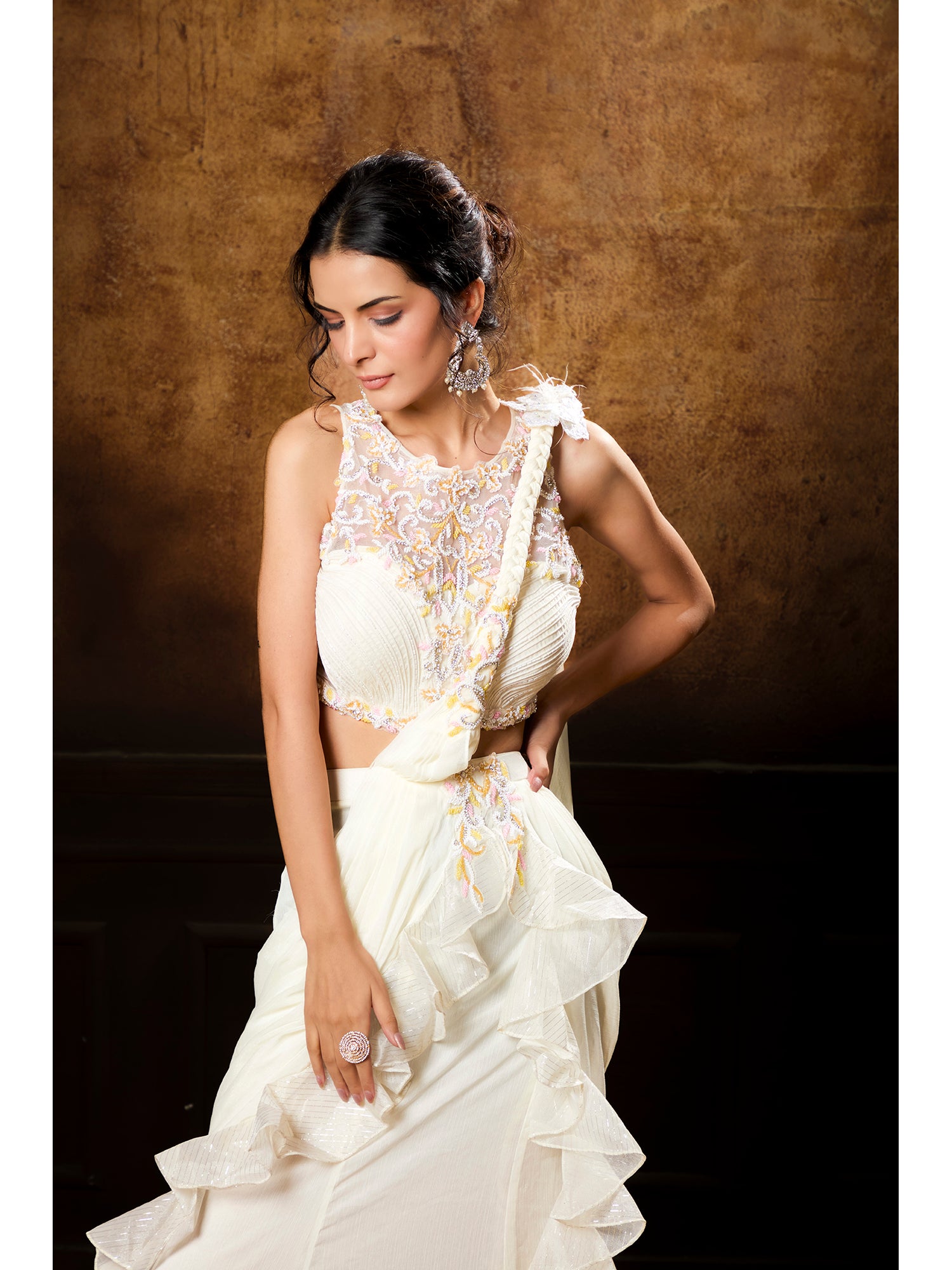 Handcrafted White Drape Saree