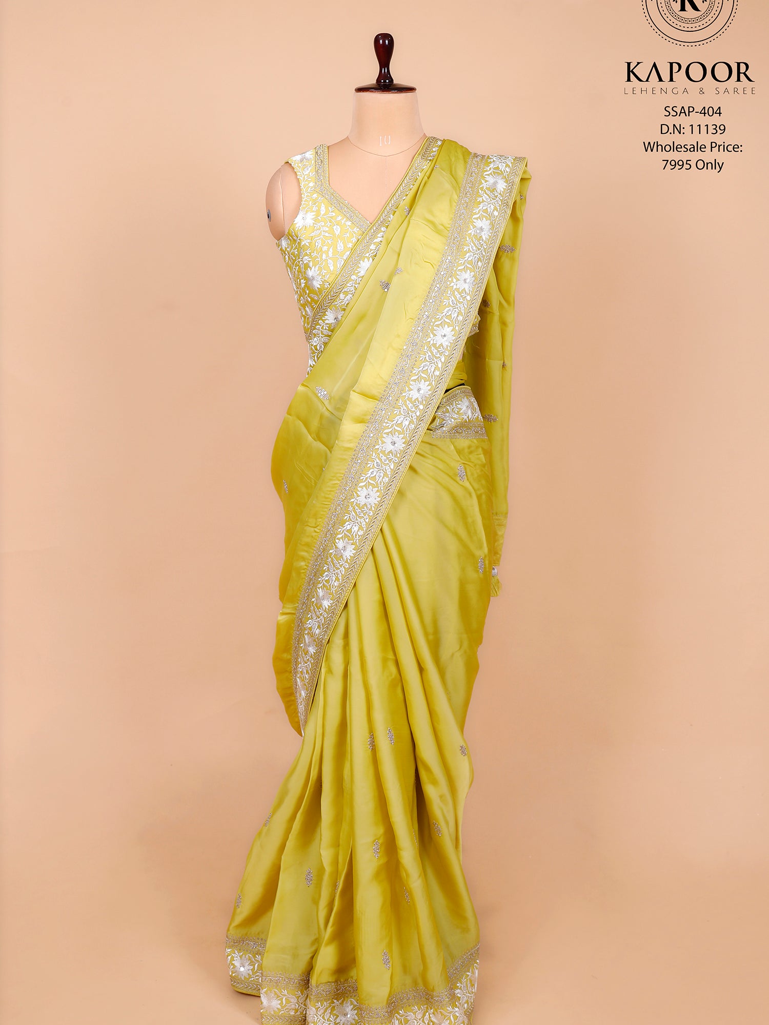 Lemon Yellow Saree With White Embroidery