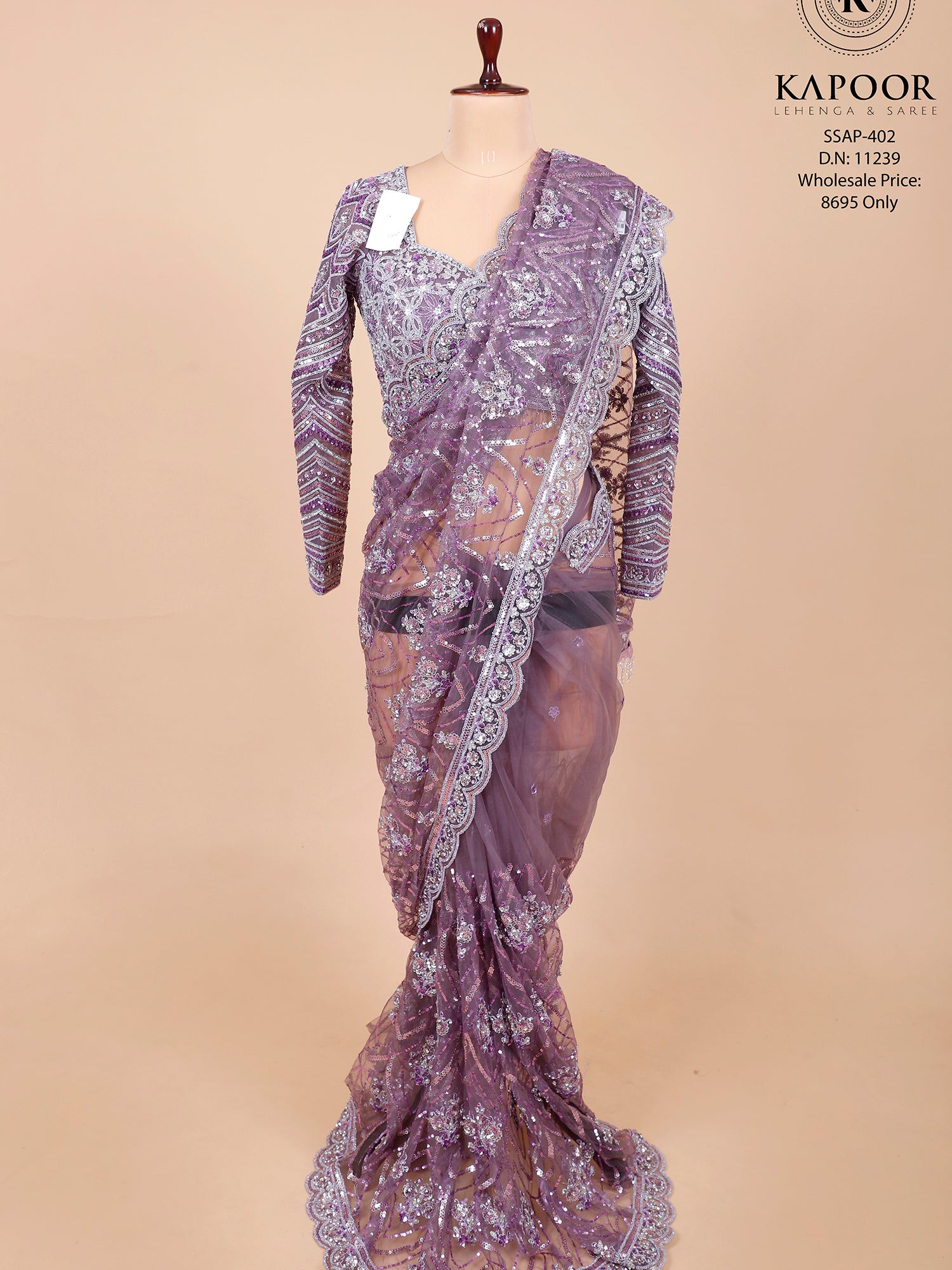 Purple Net Saree With Sequin
