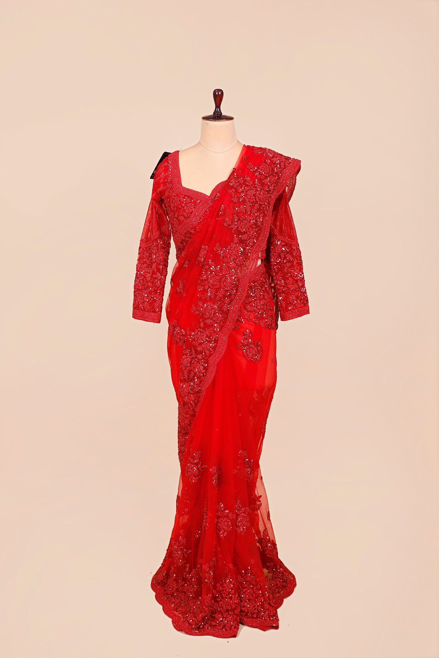 Red Sequin Thread Embroidered Readymade Blouse Saree