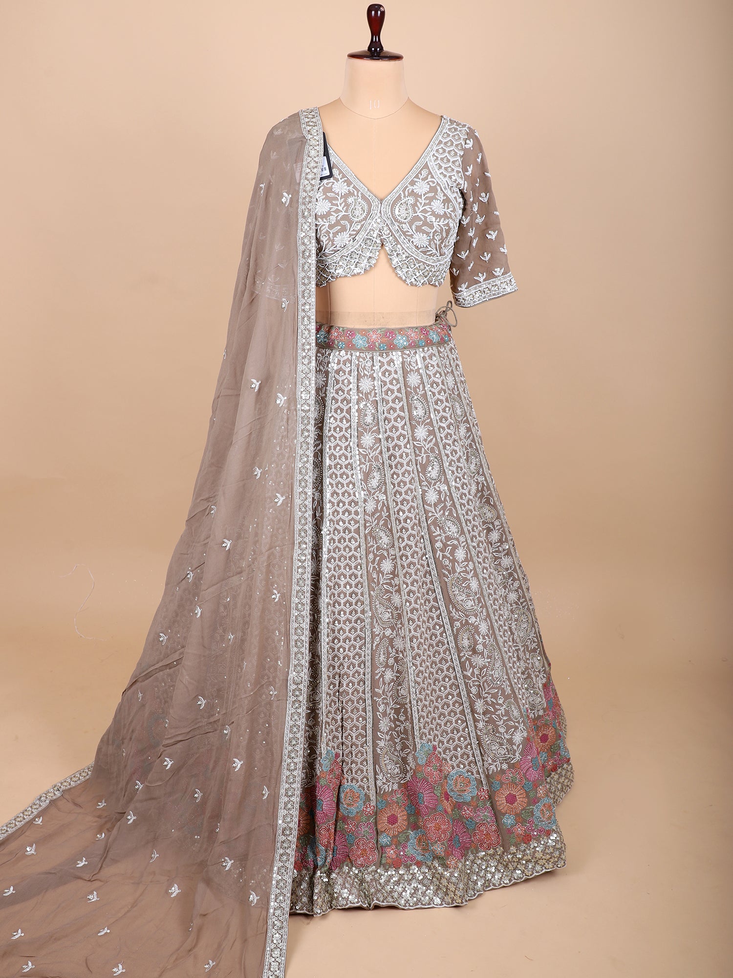 Desert Glow Chickoo Threadwork Lehenga