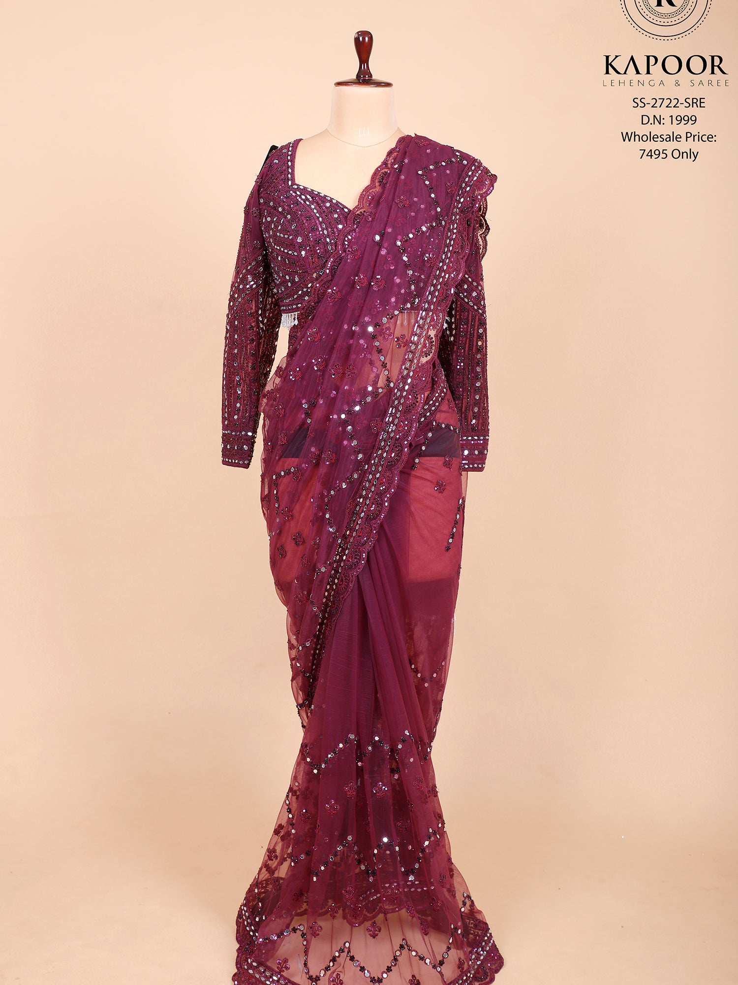 Purple Embroidered Net Sequin Saree