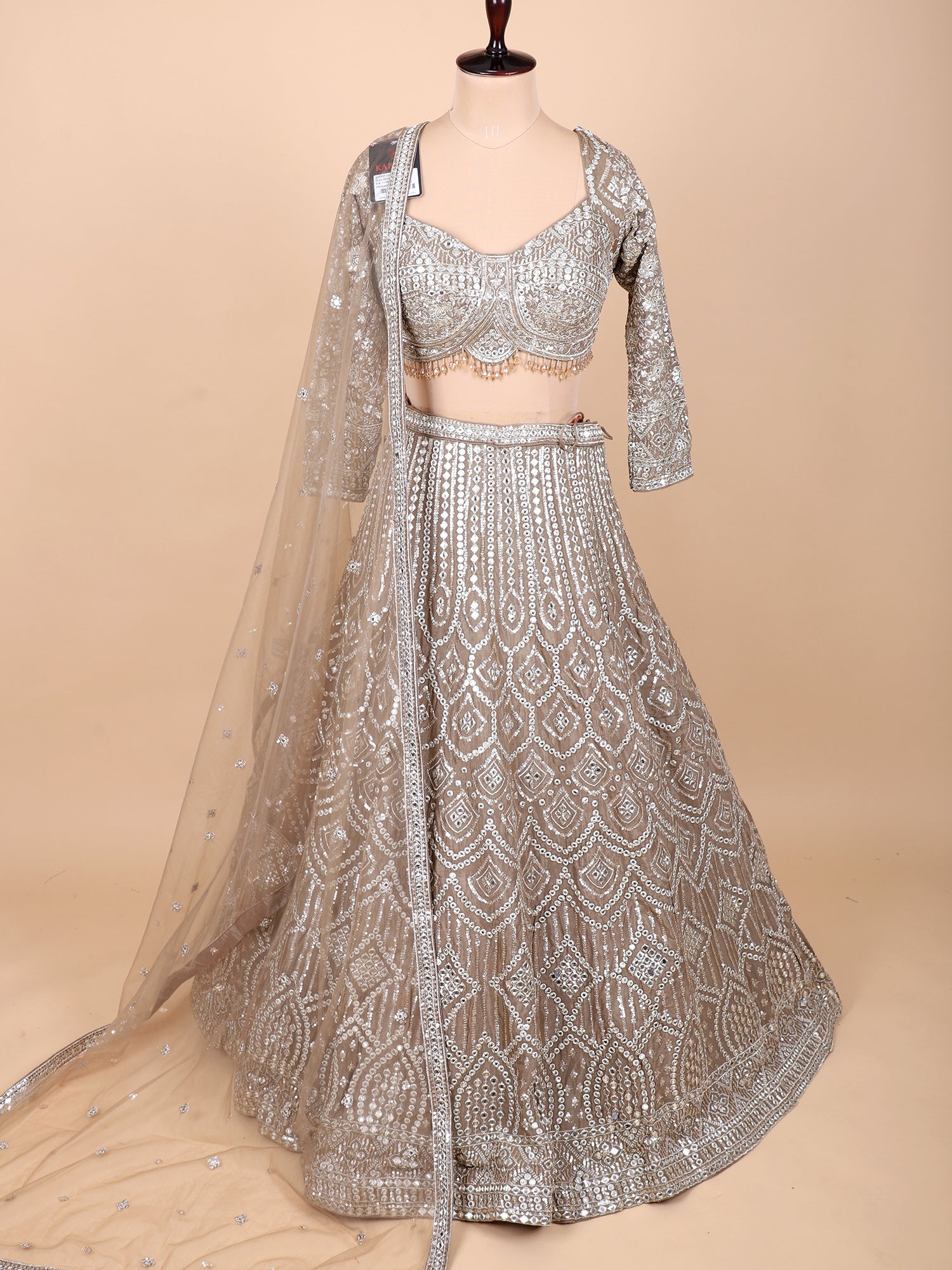 Handcrafted Silk Chickoo Colour Mirror Work Lehenga
