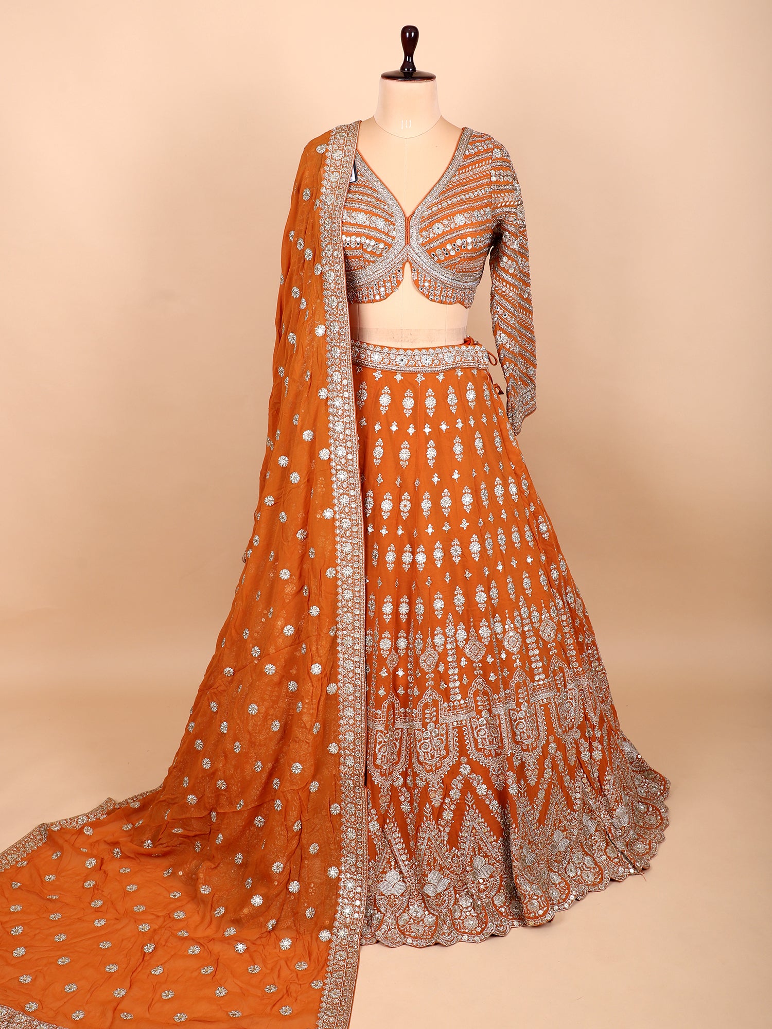 Orange Thread And Sequin Embroidered Lehenga Set
