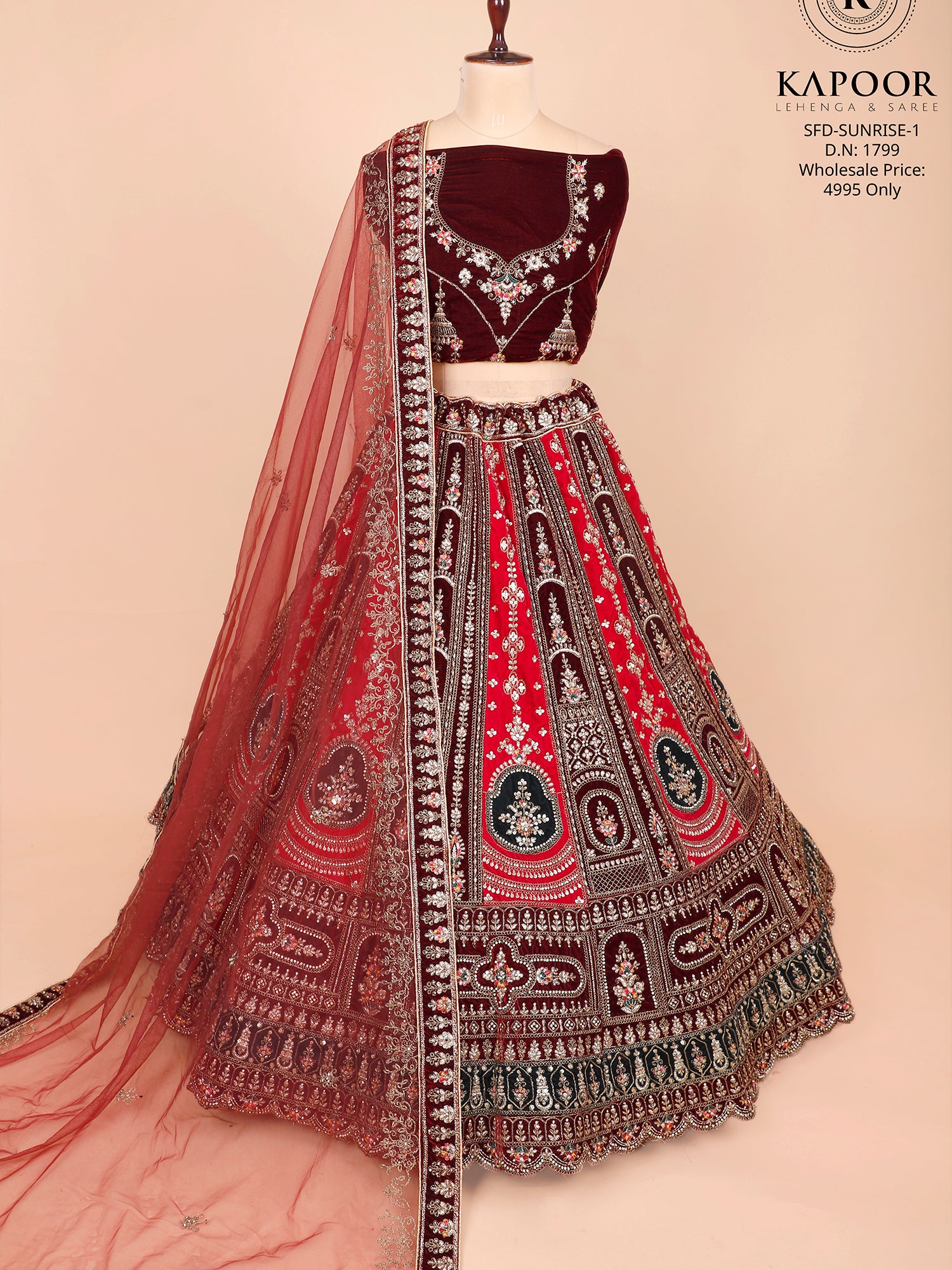 Velvet Bridal Lehenga In Maroon And Red