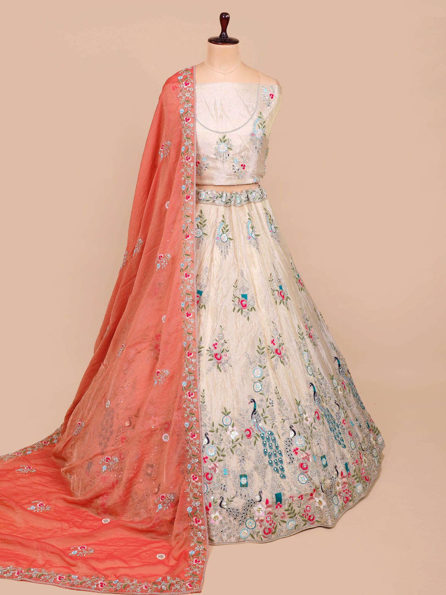 Jimmy Choo White-Peach Multiwork  Lehenga