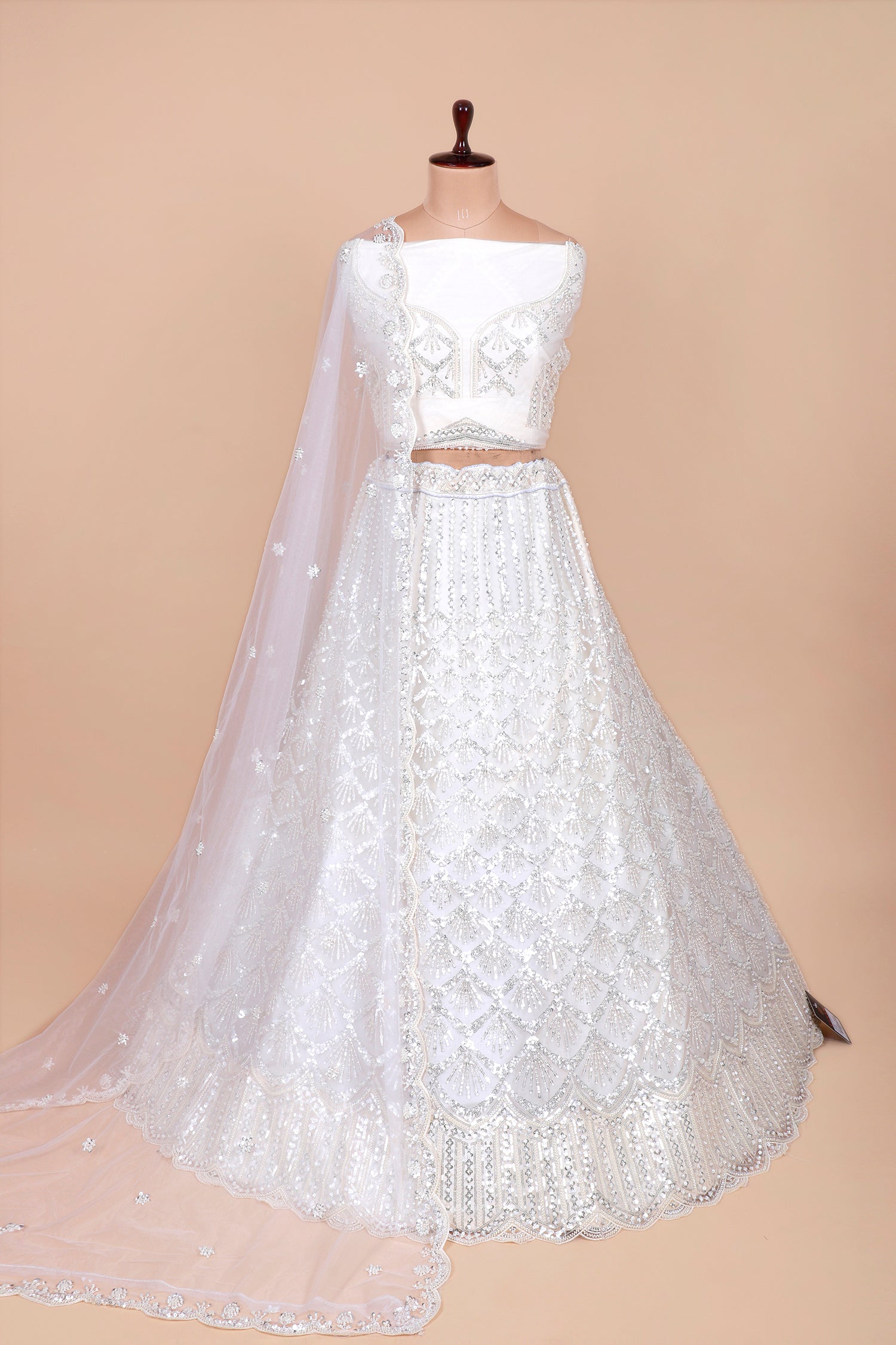 White Net Lehenga With Sequins Work
