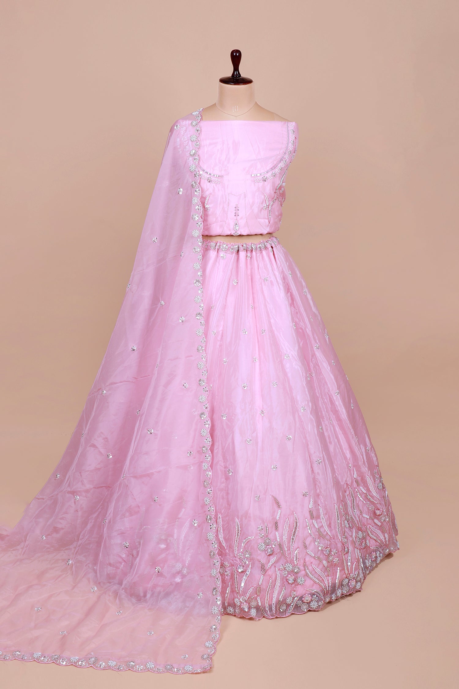 Pink Net Lehenga With Sequins Embroidery