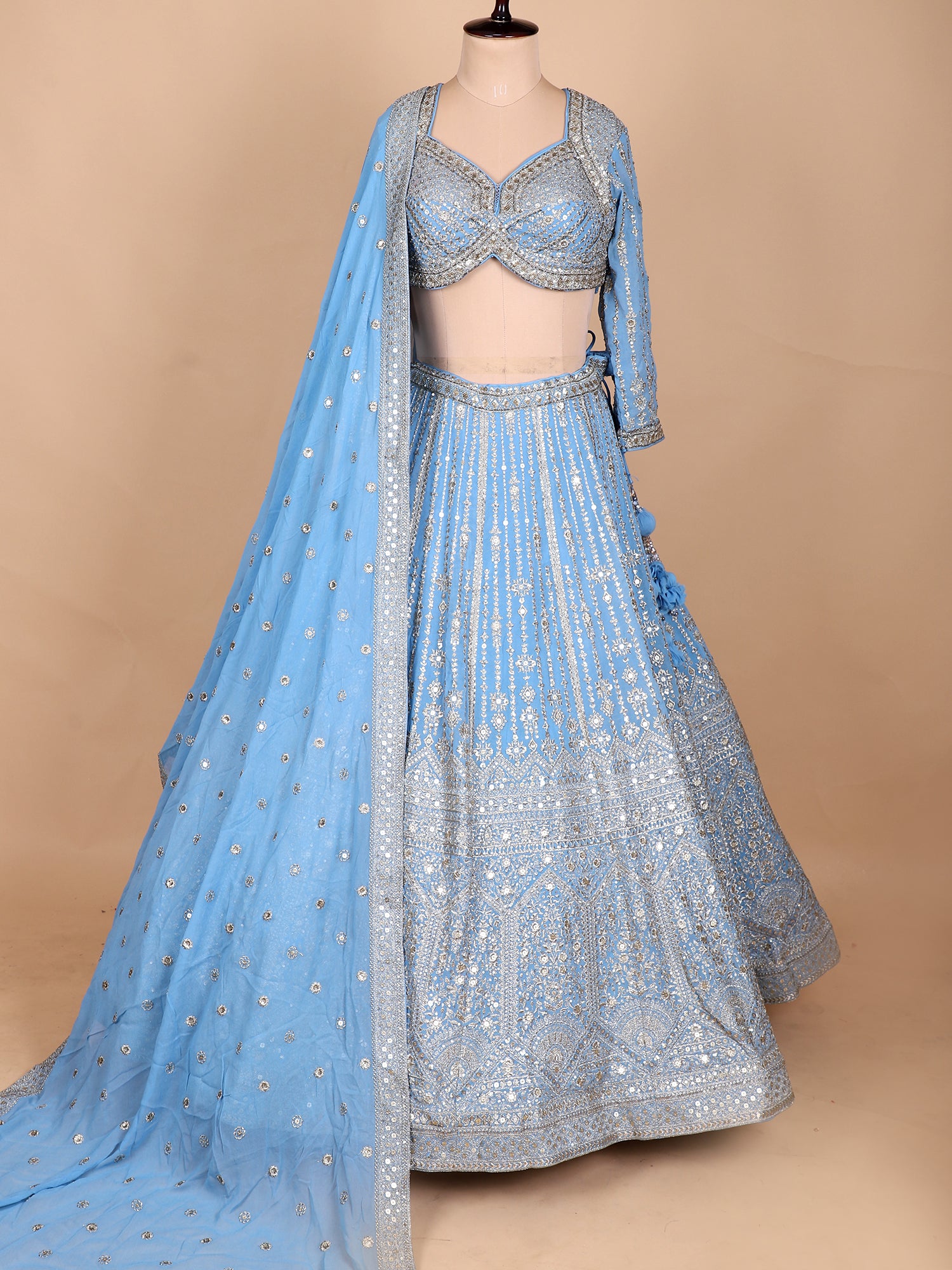 Sky Blue Georgette Lehenga With Jarkan Work