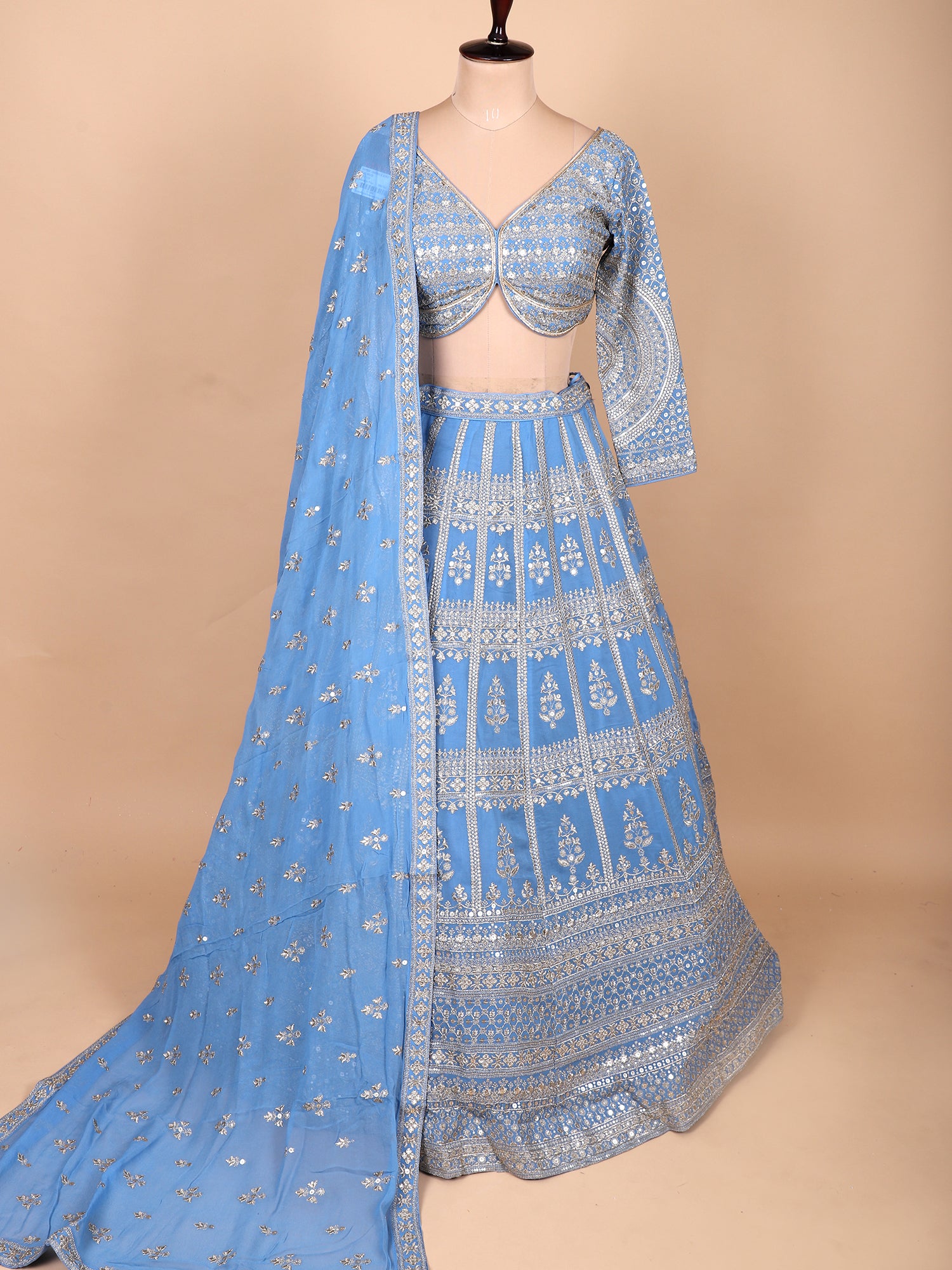 Designer Sky Blue Lehenga With Handmade Embroidery And Sequins