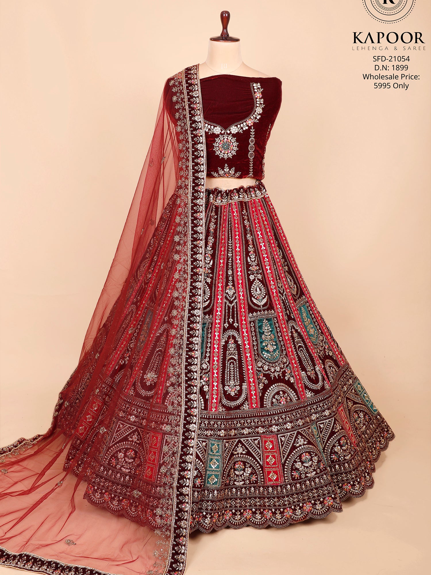 Bridal Lehenga In Velvet With Patch Work