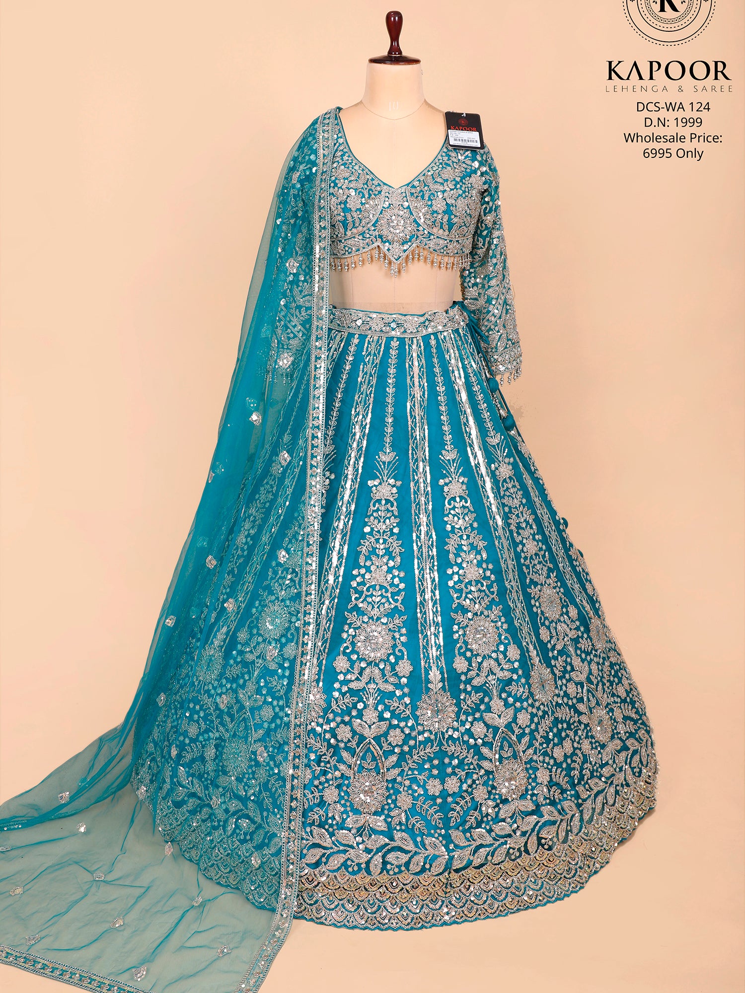 Rama Blue Net Lehenga With Coding Work