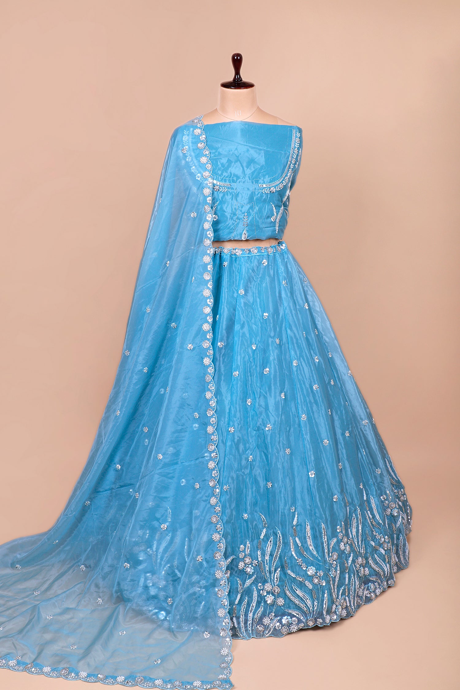 Rama Blue Net Lehenga With Sequins Embroidery