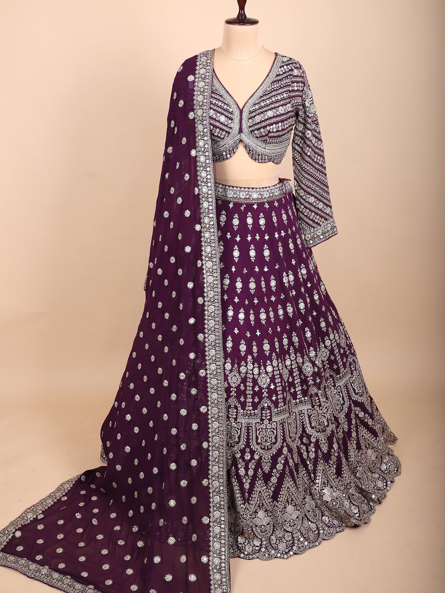 Designer Dark Maroon Lehenga With Sequins And Hand Embroidery
