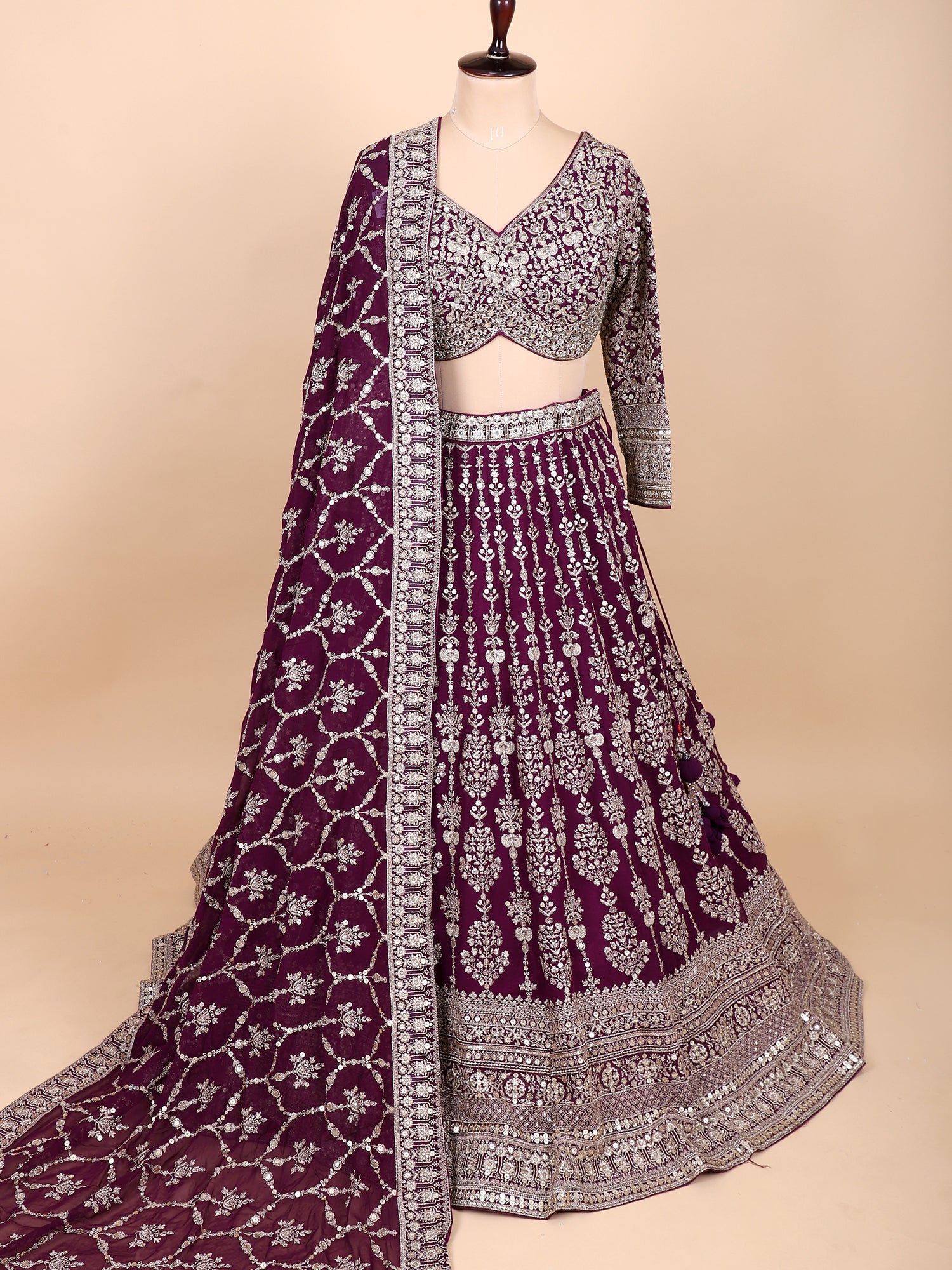 Rich Dark Maroon Thread Work Lehenga Ensemble