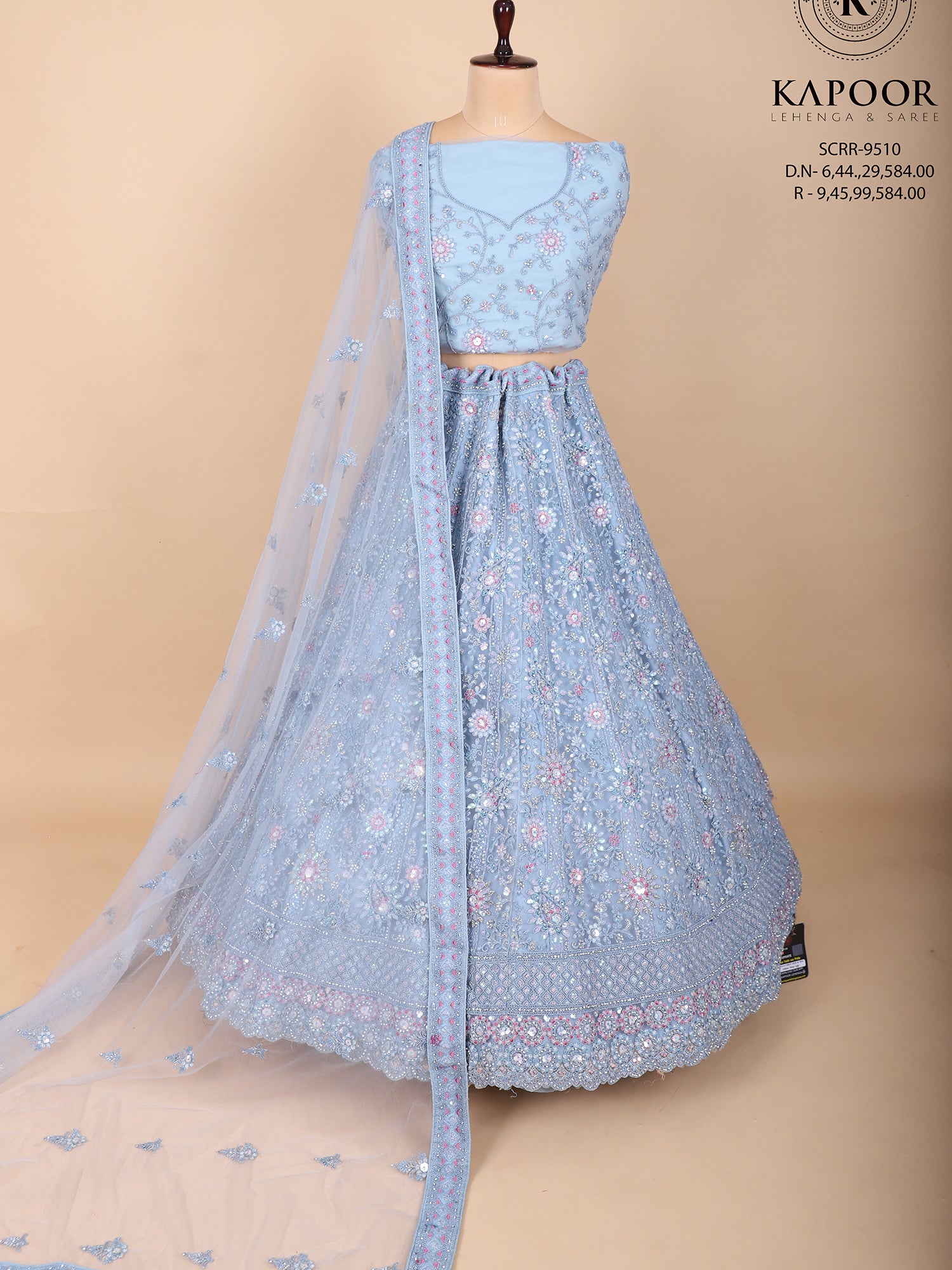Powder Blue Jarkan Work Bridal Lehenga