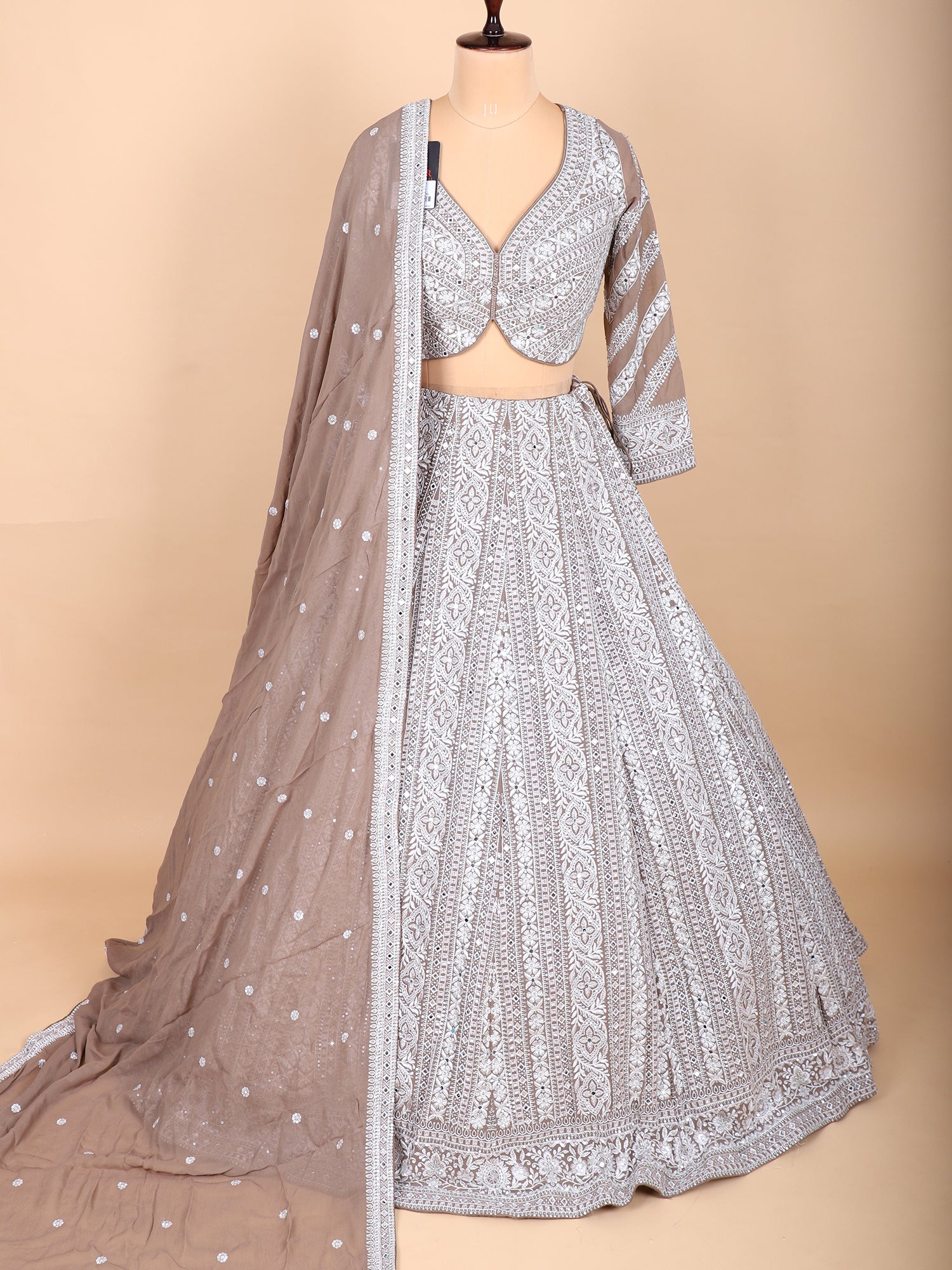 Elegant Chickoo Thread Handwork Designer Lehenga