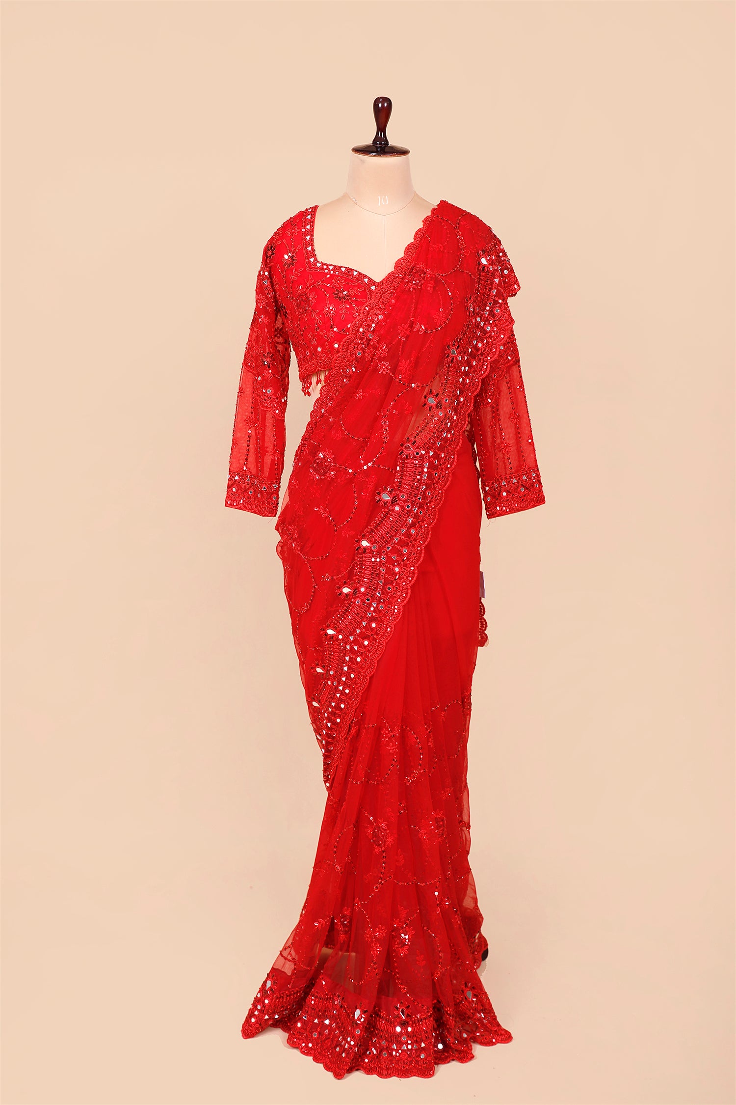 Red Net Mirror Work Saree With Readymade Blouse