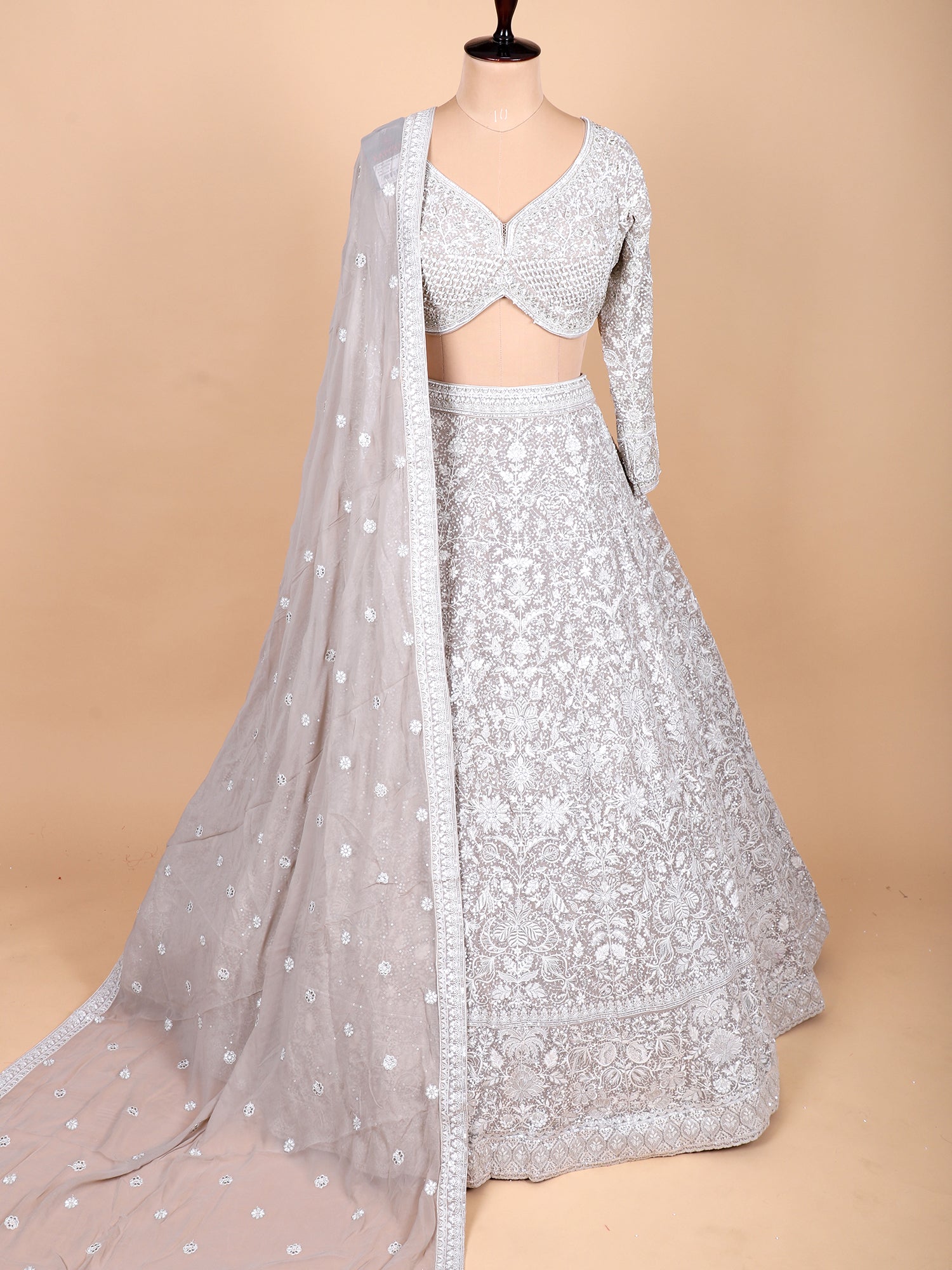 Grey Georgette Embroidered Lehenga Set