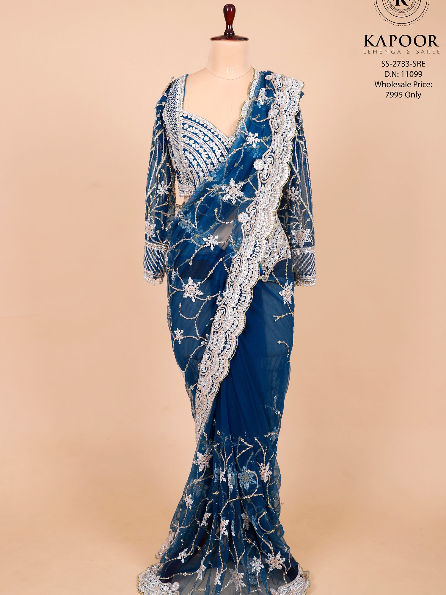 Blue Net Designer Mirror Saree
