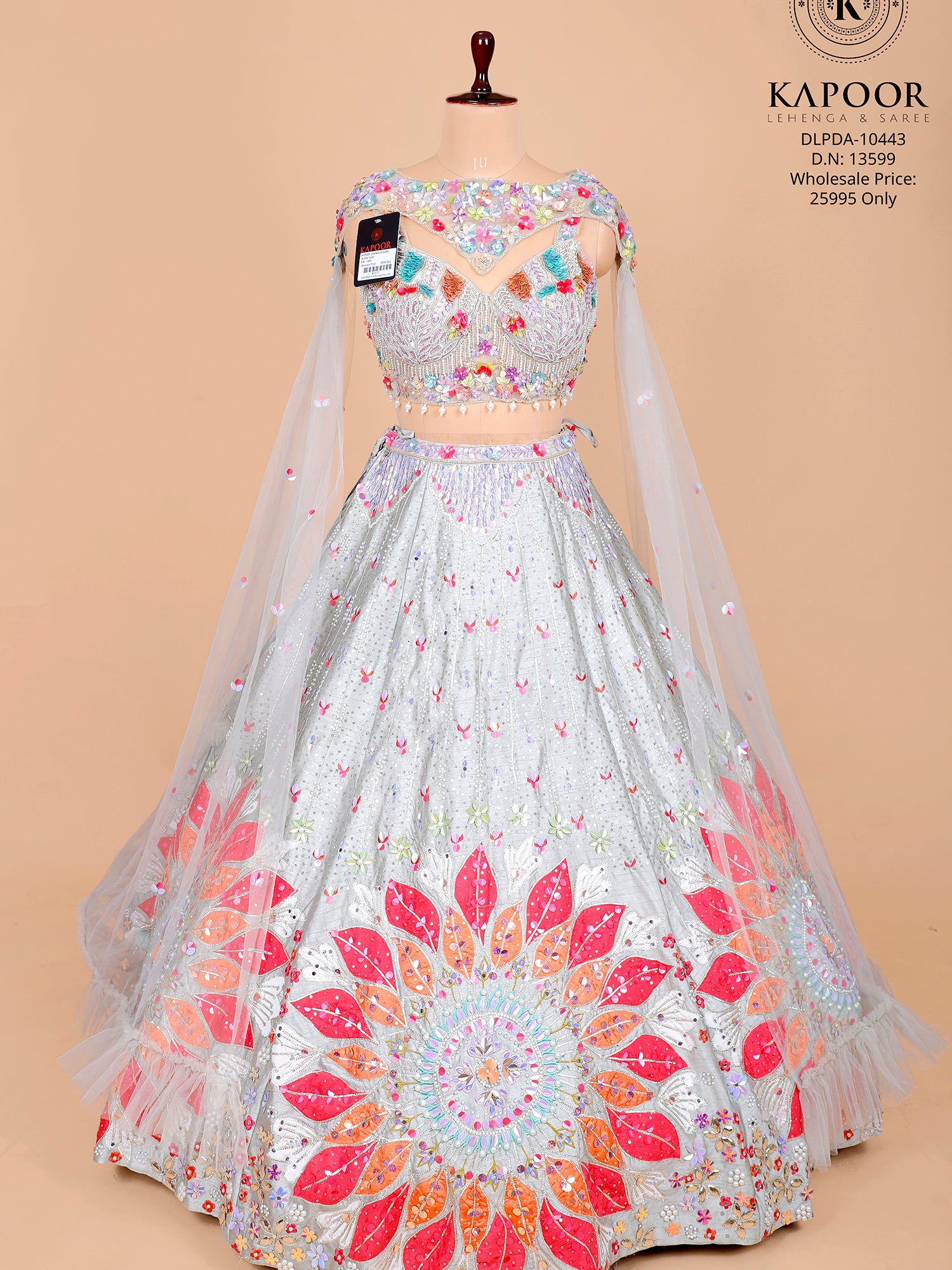 Grey Multi Silk Lehenga With Beads, Jarkan