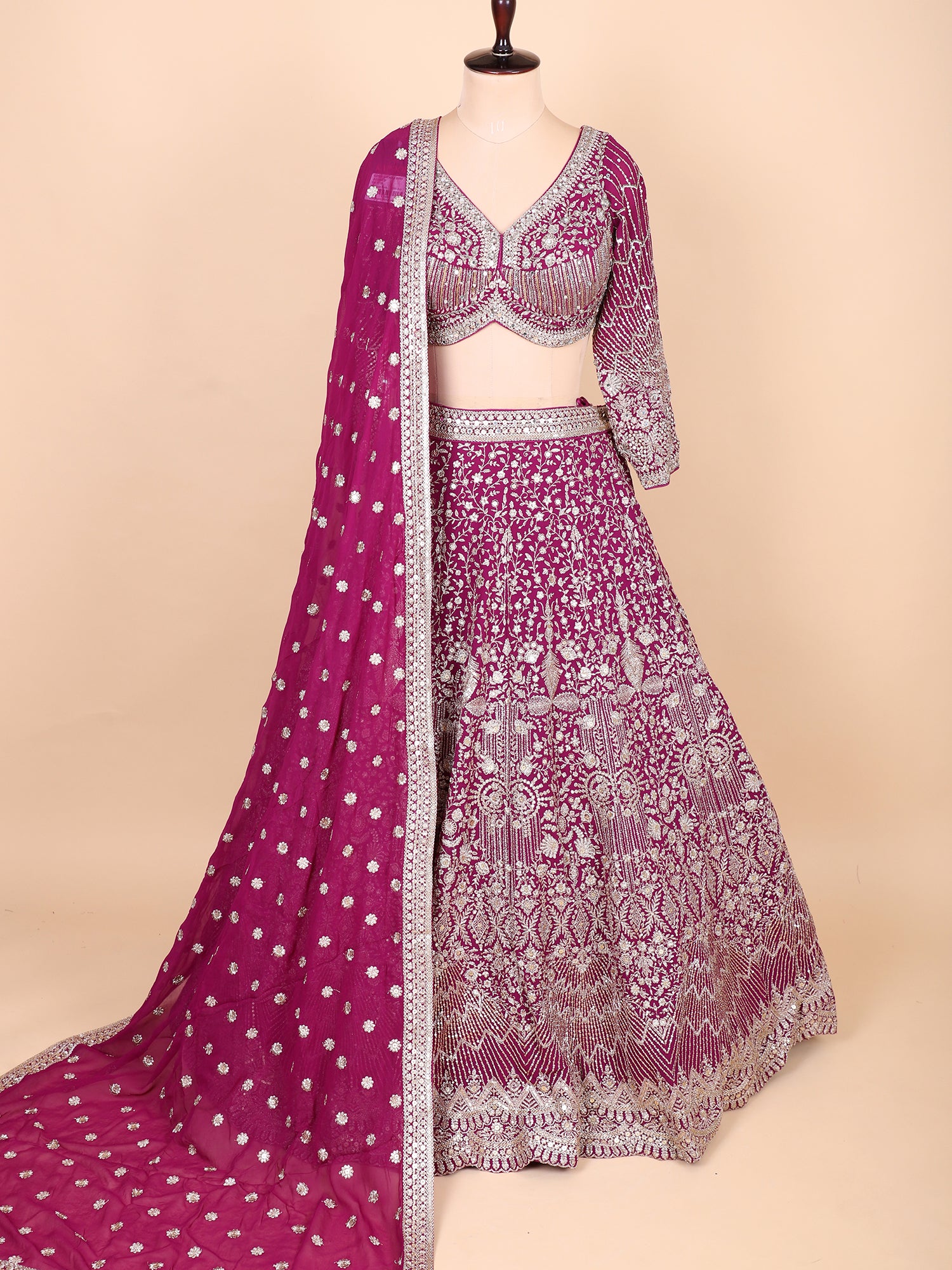 Dark Maroon Thread Work Georgette Lehenga