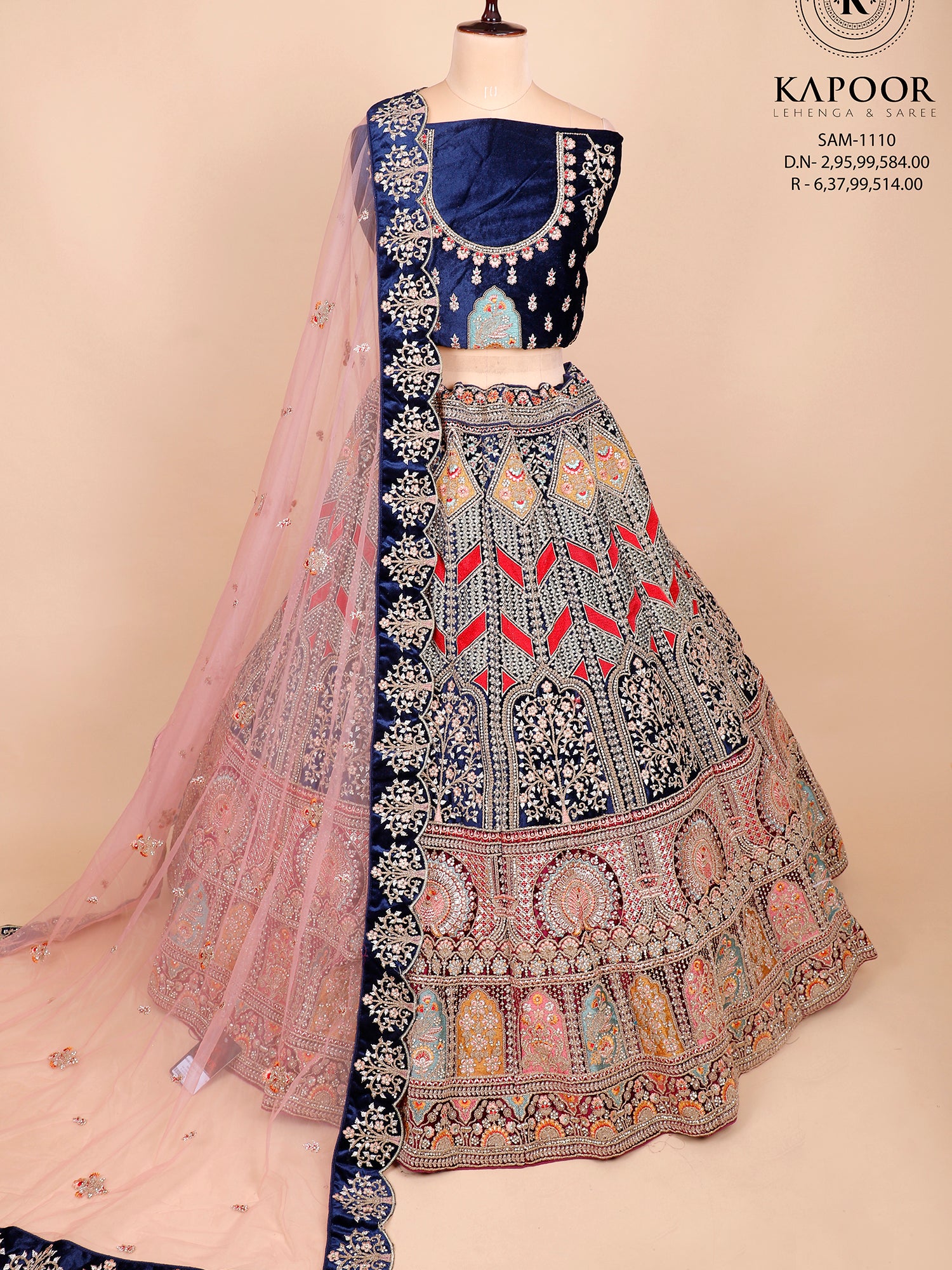 Blue Velvet Bridal Lehenga With Multi Work