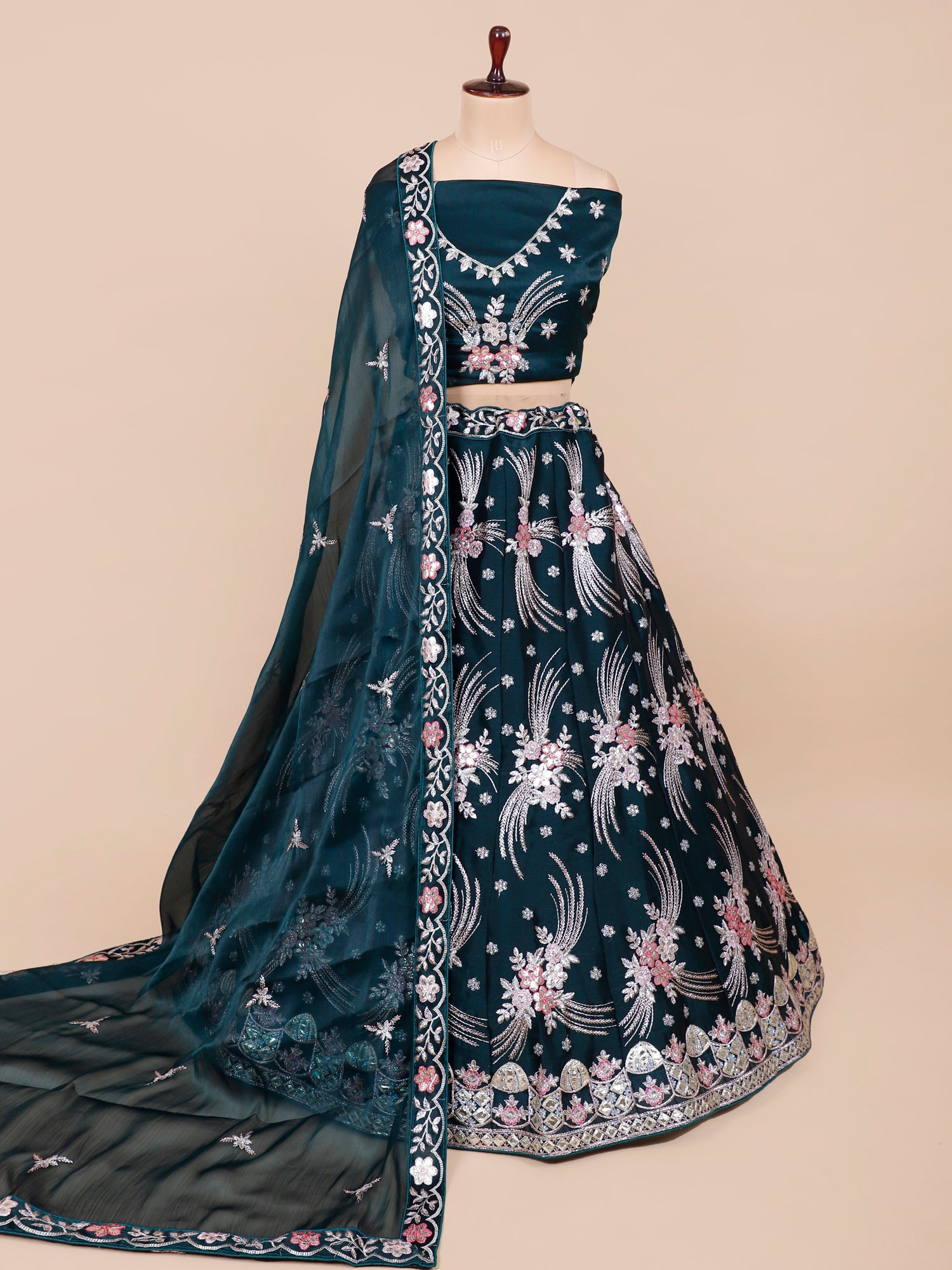 Indigo Silk Multi Thread Jarkan Diamond Lehenga