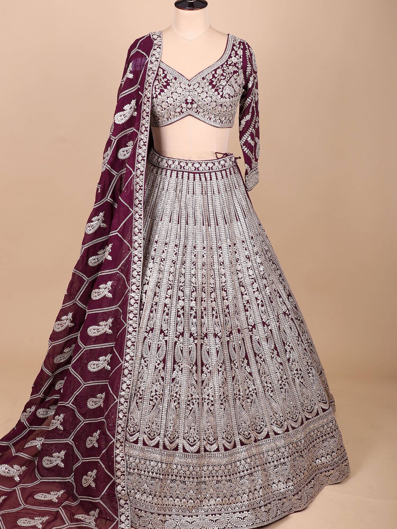 Royal Maroon Georgette Embroidered Lehenga