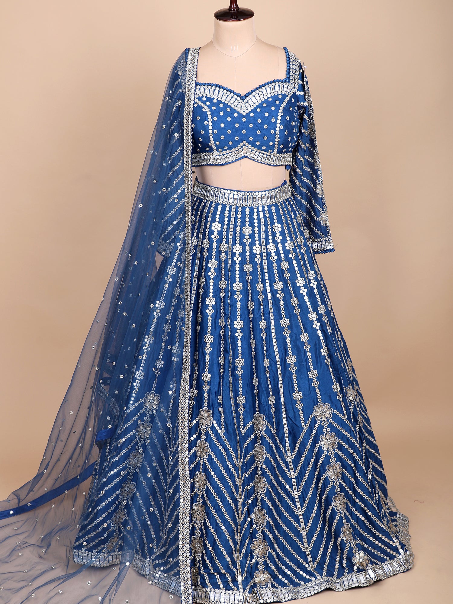 Midnight Blue Silk Lehenga With Mirror Embroidery