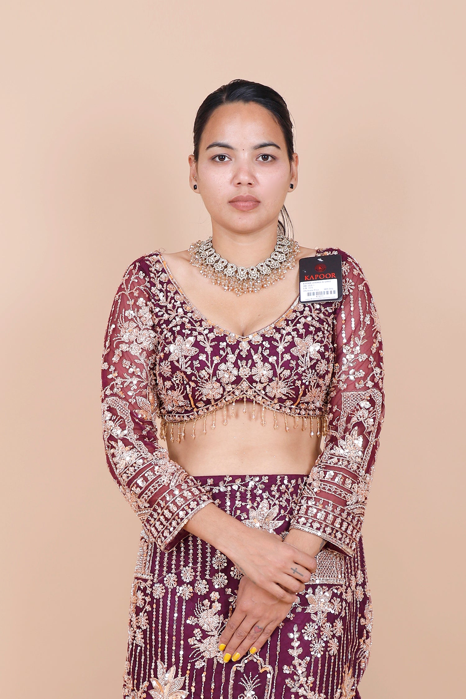 Wine Net Embroidered Beaded Crop Top