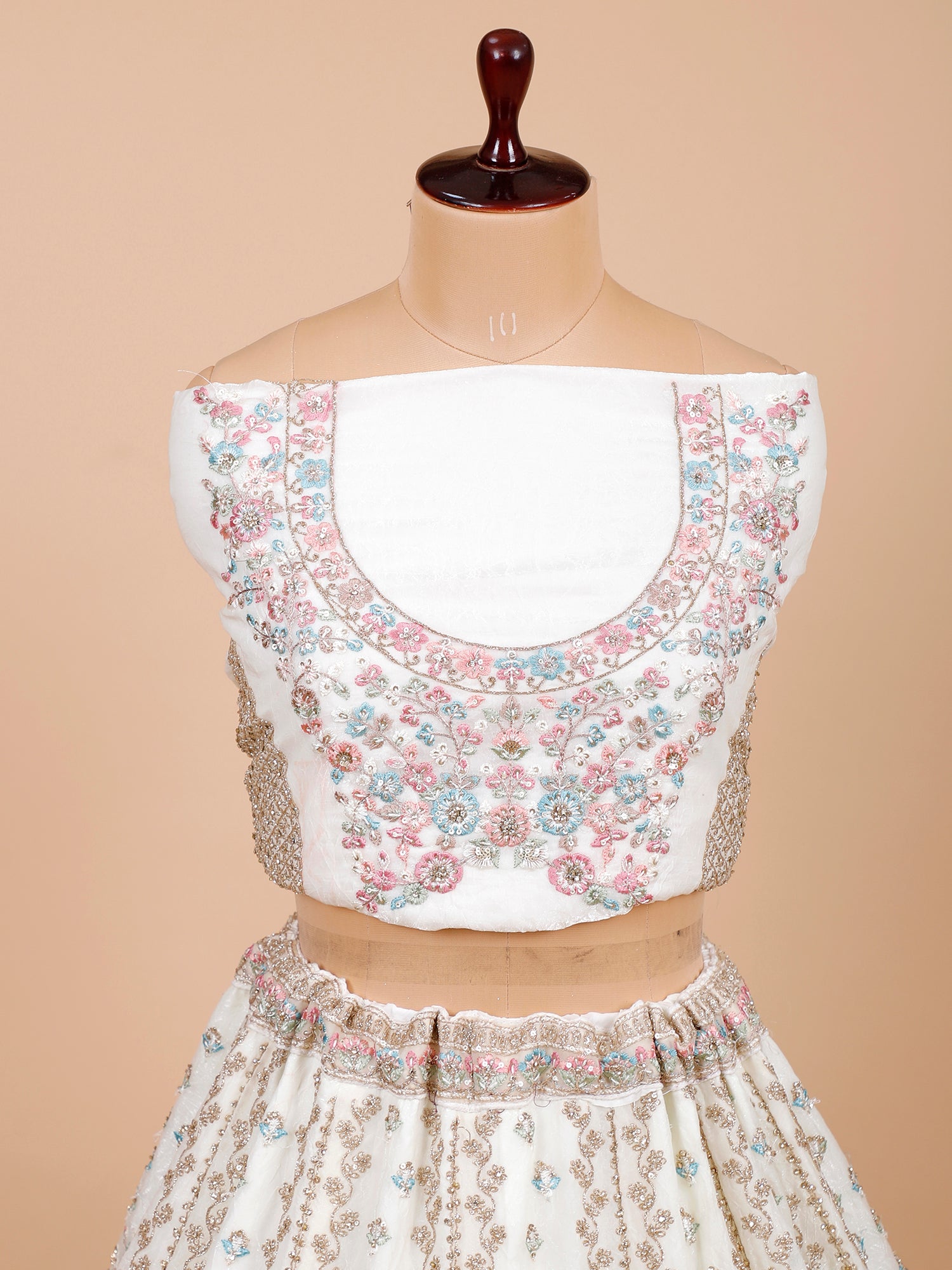 White Satin Silk Lehenga With Embroidery & Sequins