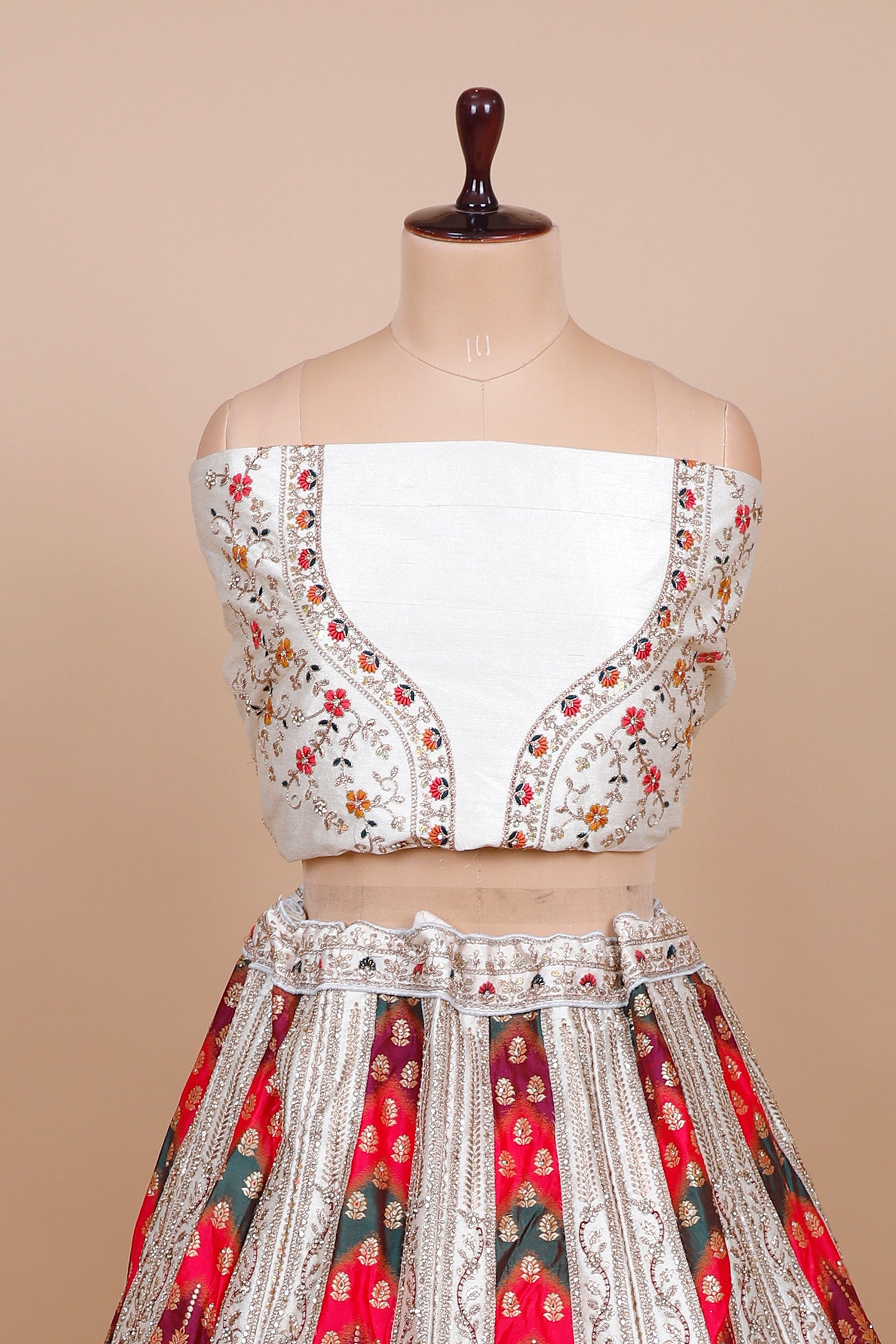 White-Red Banarasi Silk Lehenga