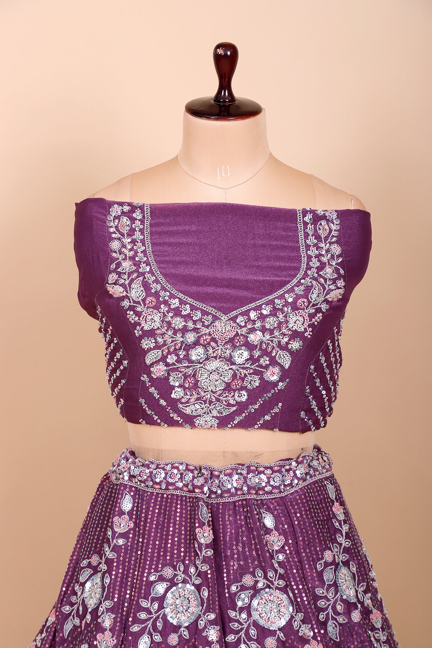 Dark Purple-Red Shimmer Lehenga With Sequins & Beads