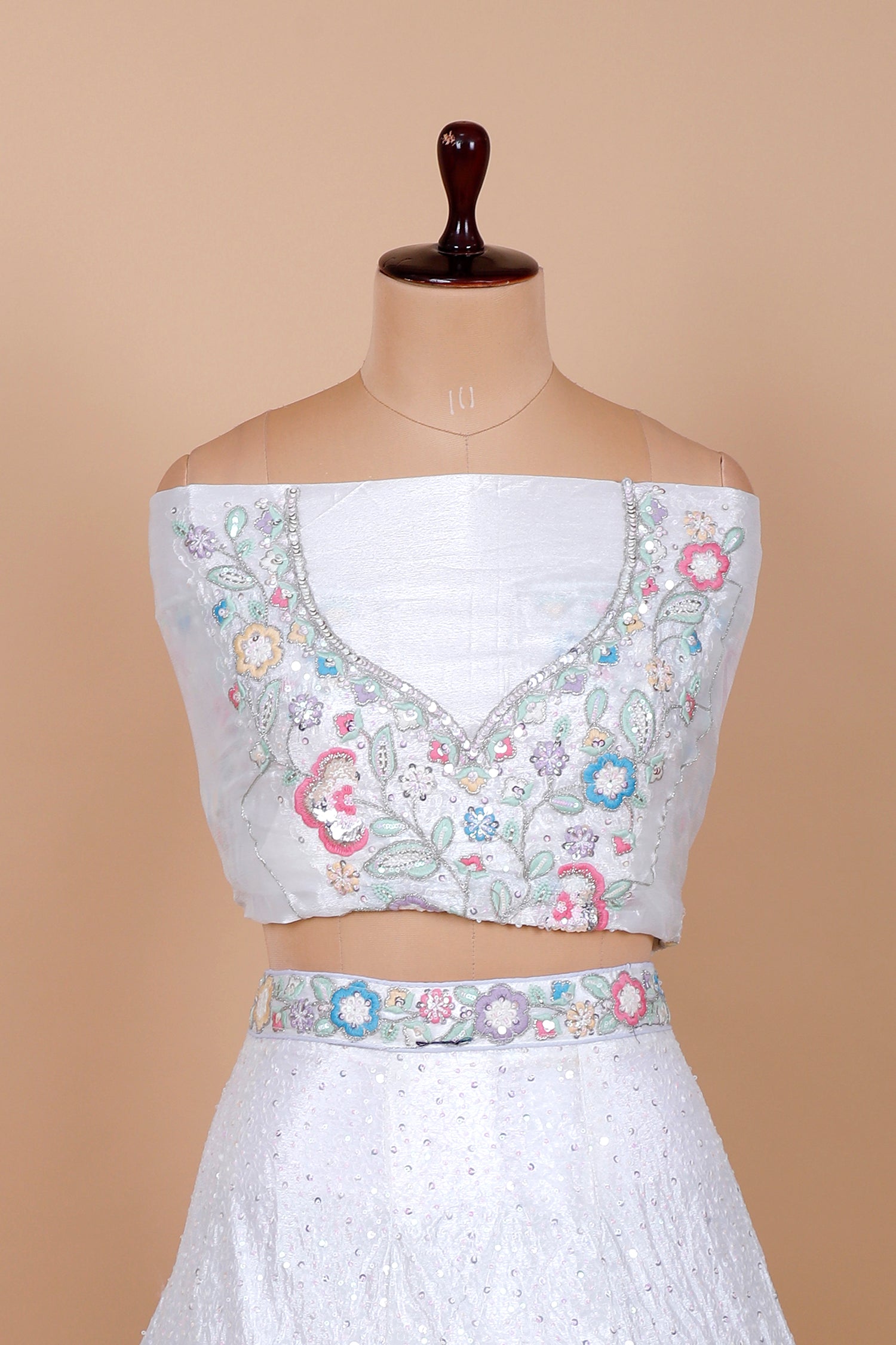 White Chinon Lehenga With Intricate Jarkan