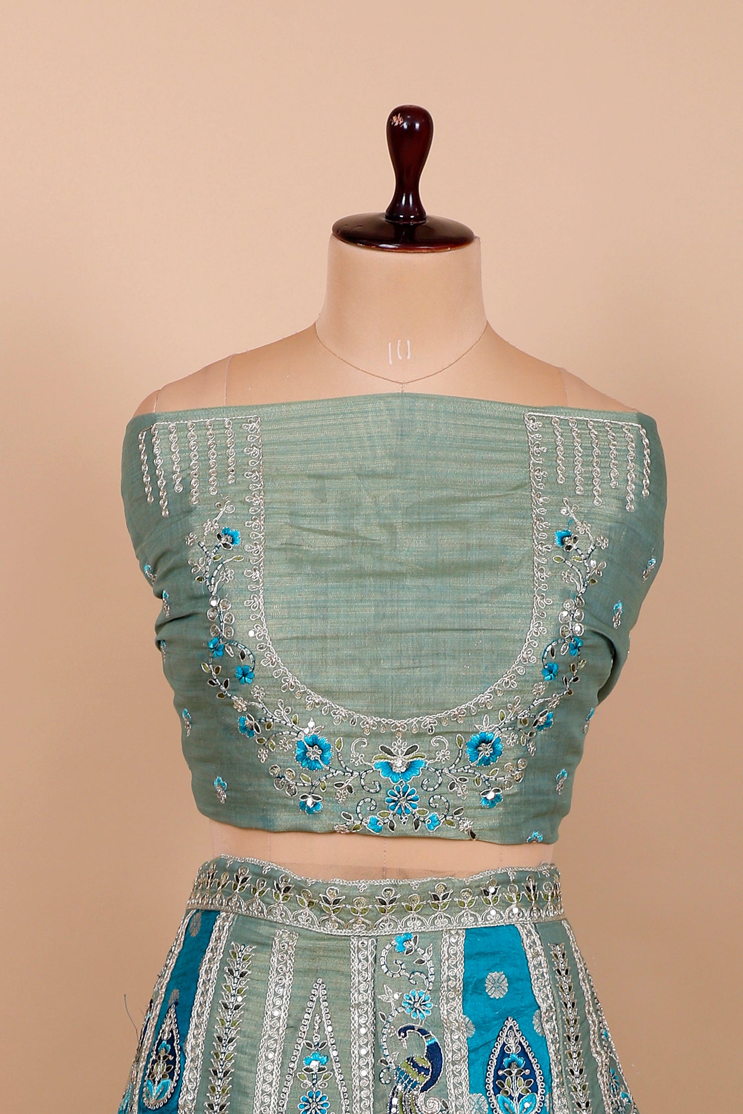 Green-Blue Silk Lehenga With Multi-Thread